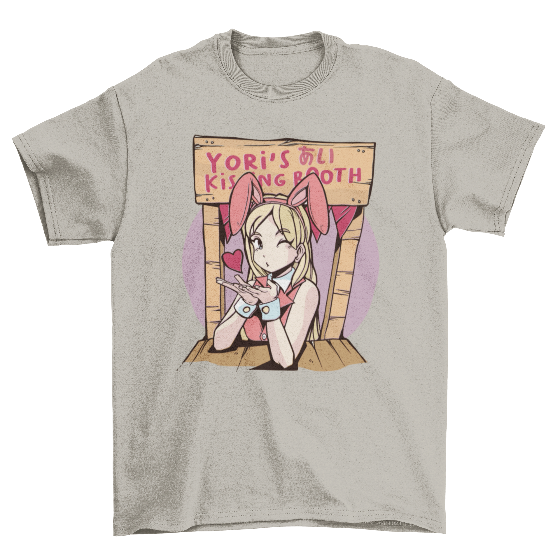 Anime girl in bunny costume at a kissing booth on a t-shirt, colorful and playful design.