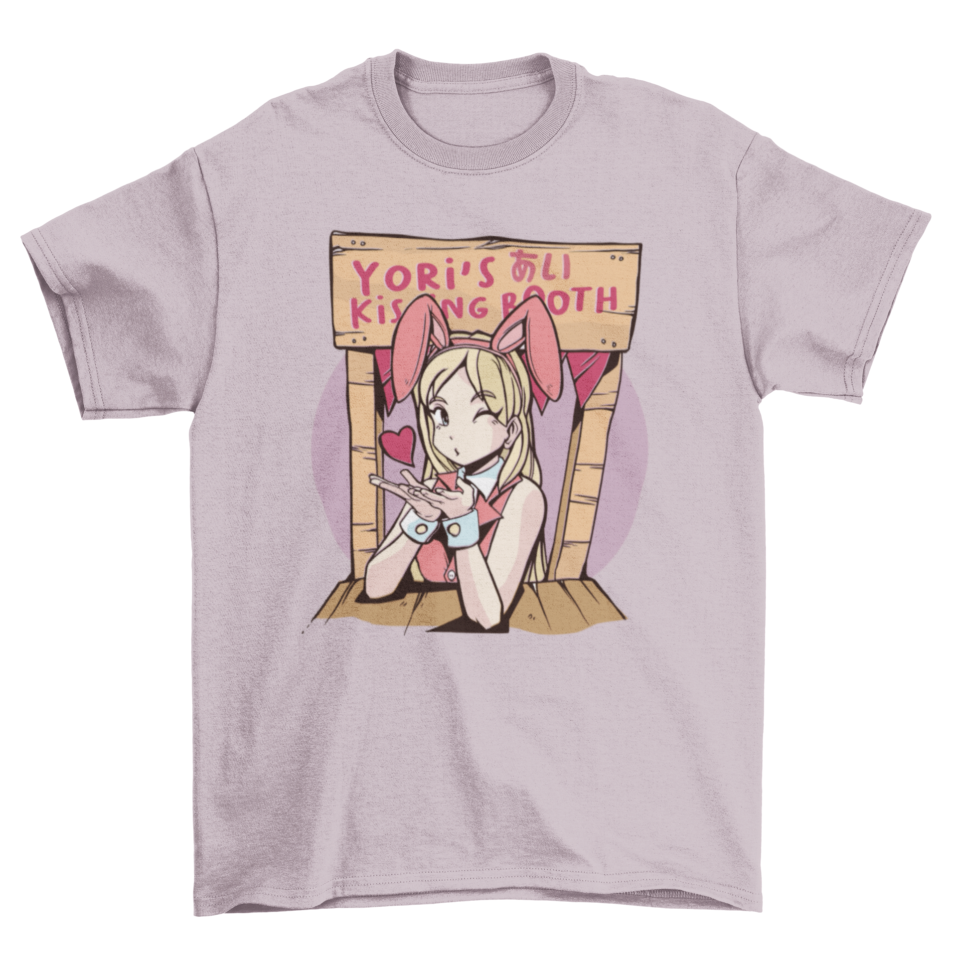 Anime girl in bunny costume at a kissing booth on a t-shirt, colorful and playful design.