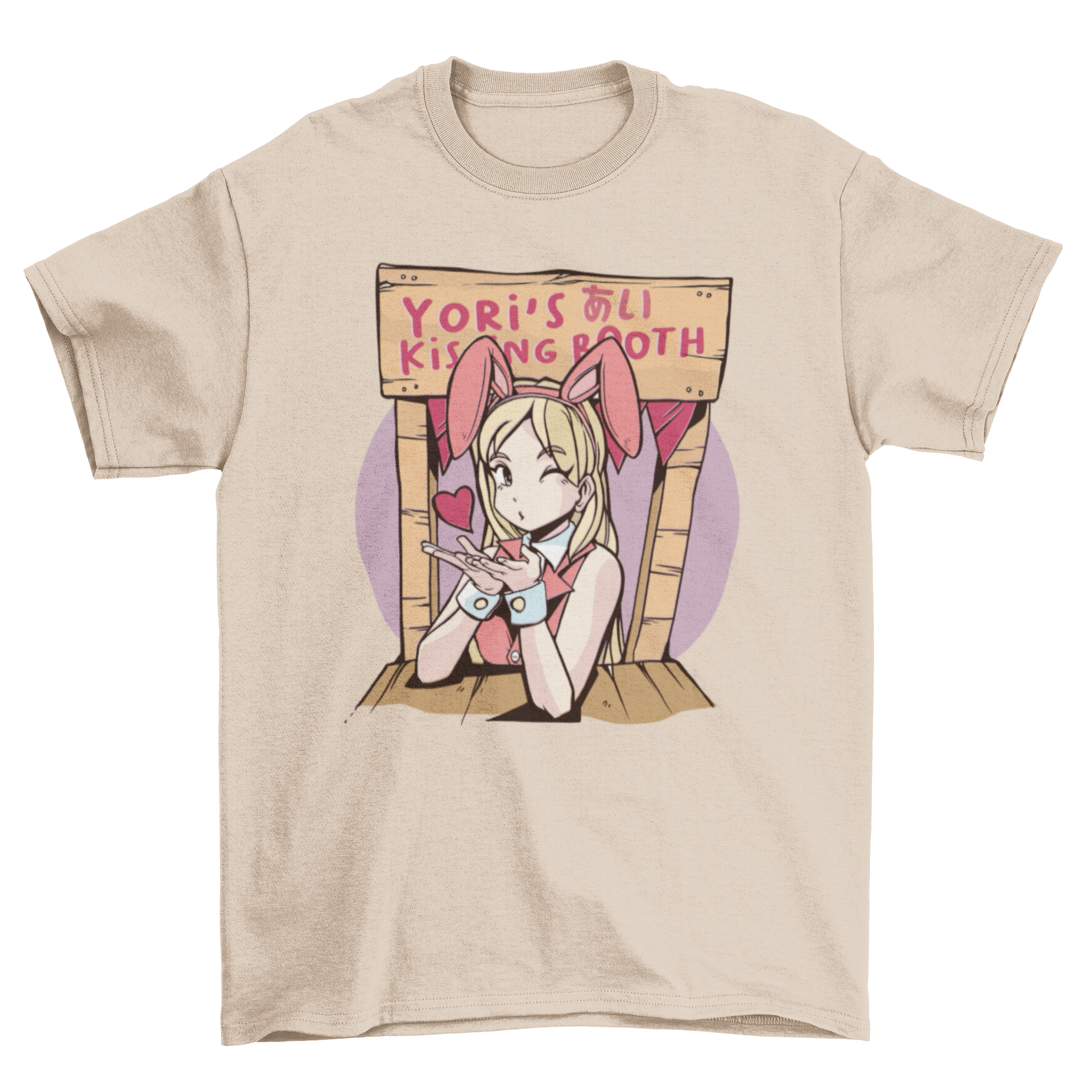 Anime girl in bunny costume at a kissing booth on a t-shirt, colorful and playful design.