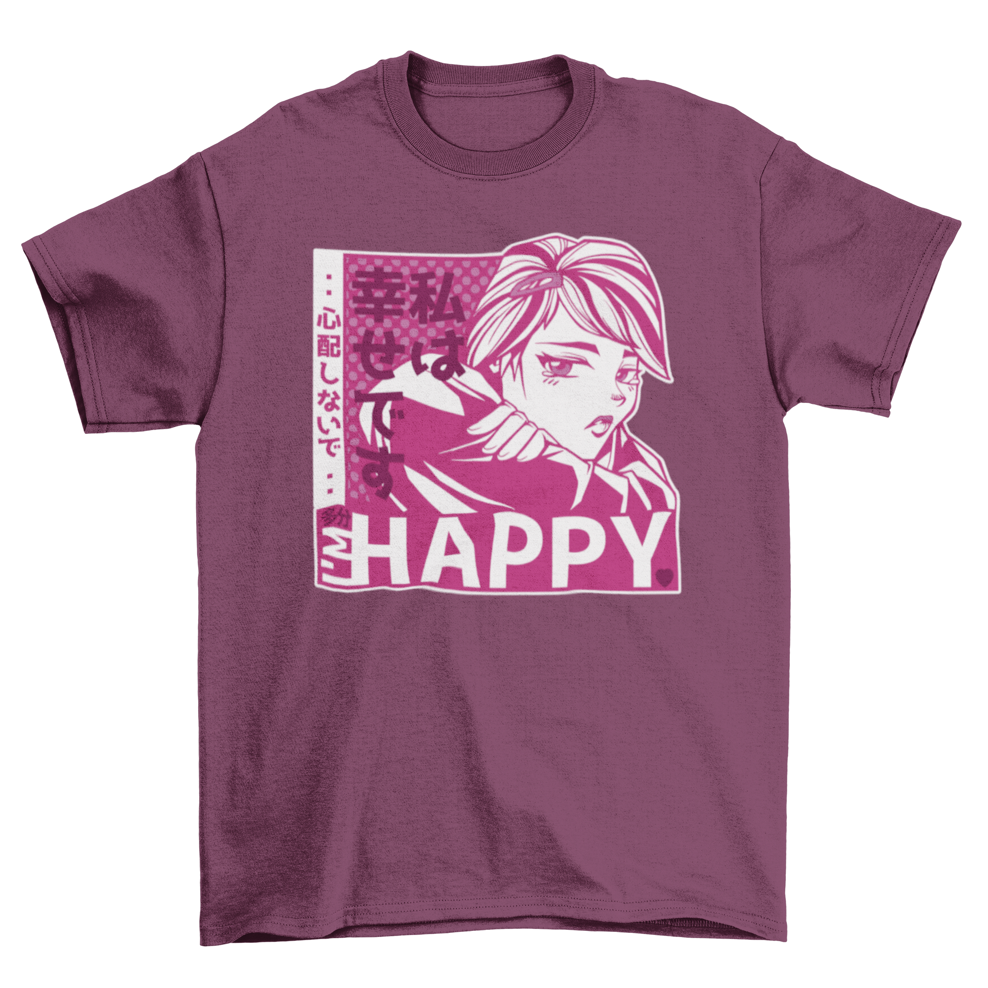 Anime girl sad t-shirt featuring a sad anime girl illustration and the caption 'I'm happy'.