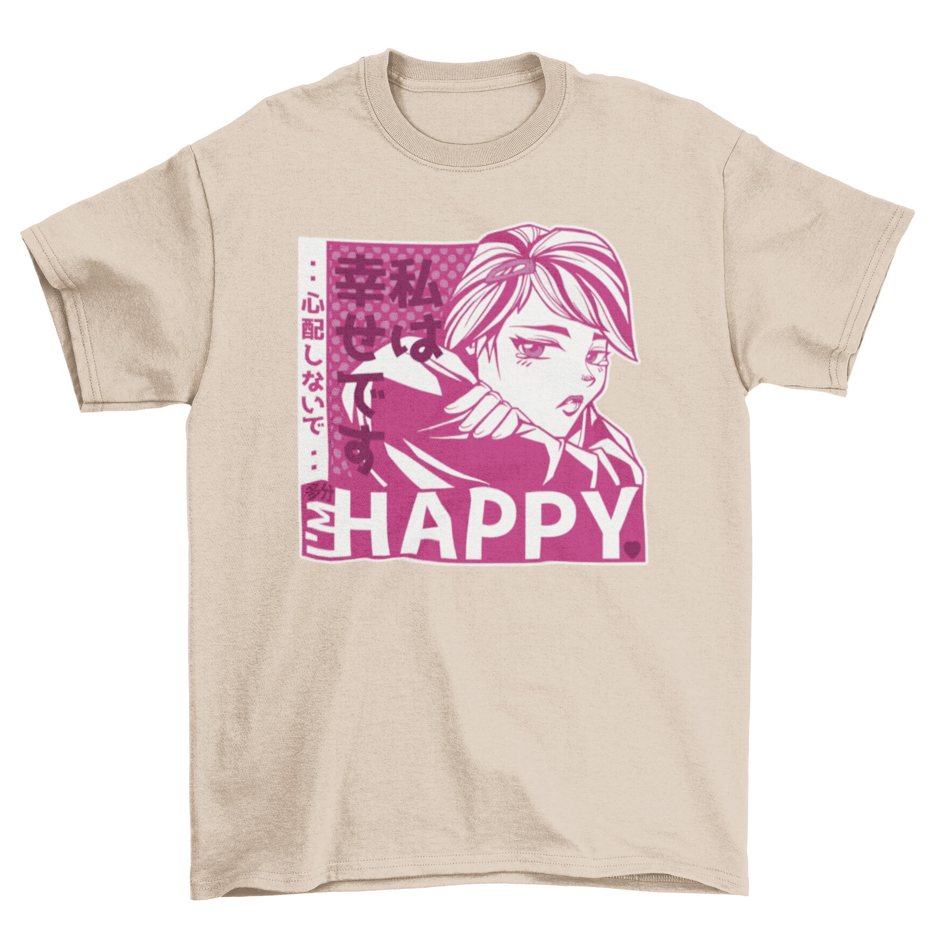 Anime girl sad t-shirt featuring a sad anime girl illustration and the caption 'I'm happy'.