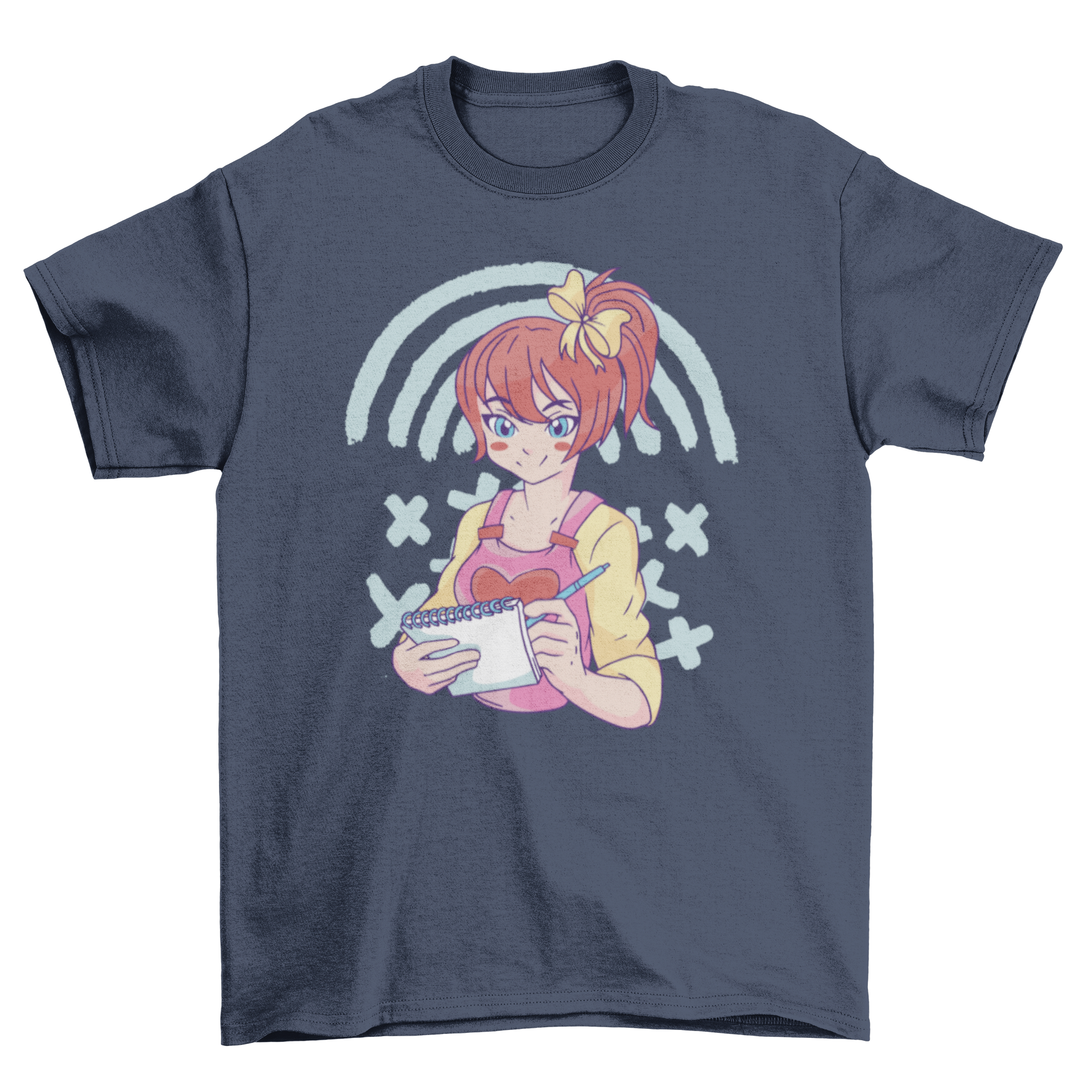 Anime girl sketching in a notebook on a stylish t-shirt, showcasing vibrant colors and intricate design.