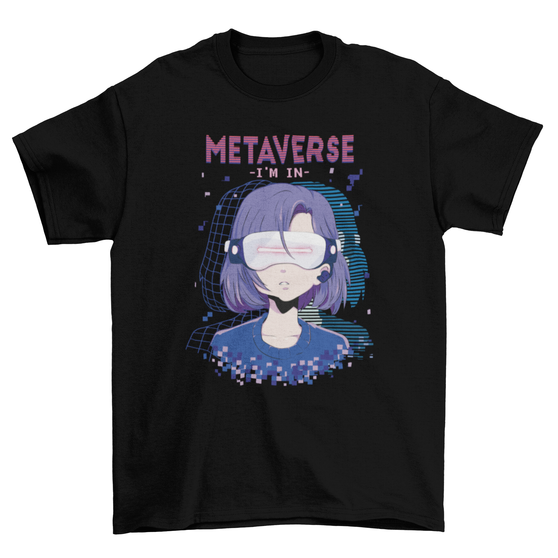 Anime girl wearing virtual reality glasses on a stylish t-shirt with the quote 'Metaverse, I'm in'.