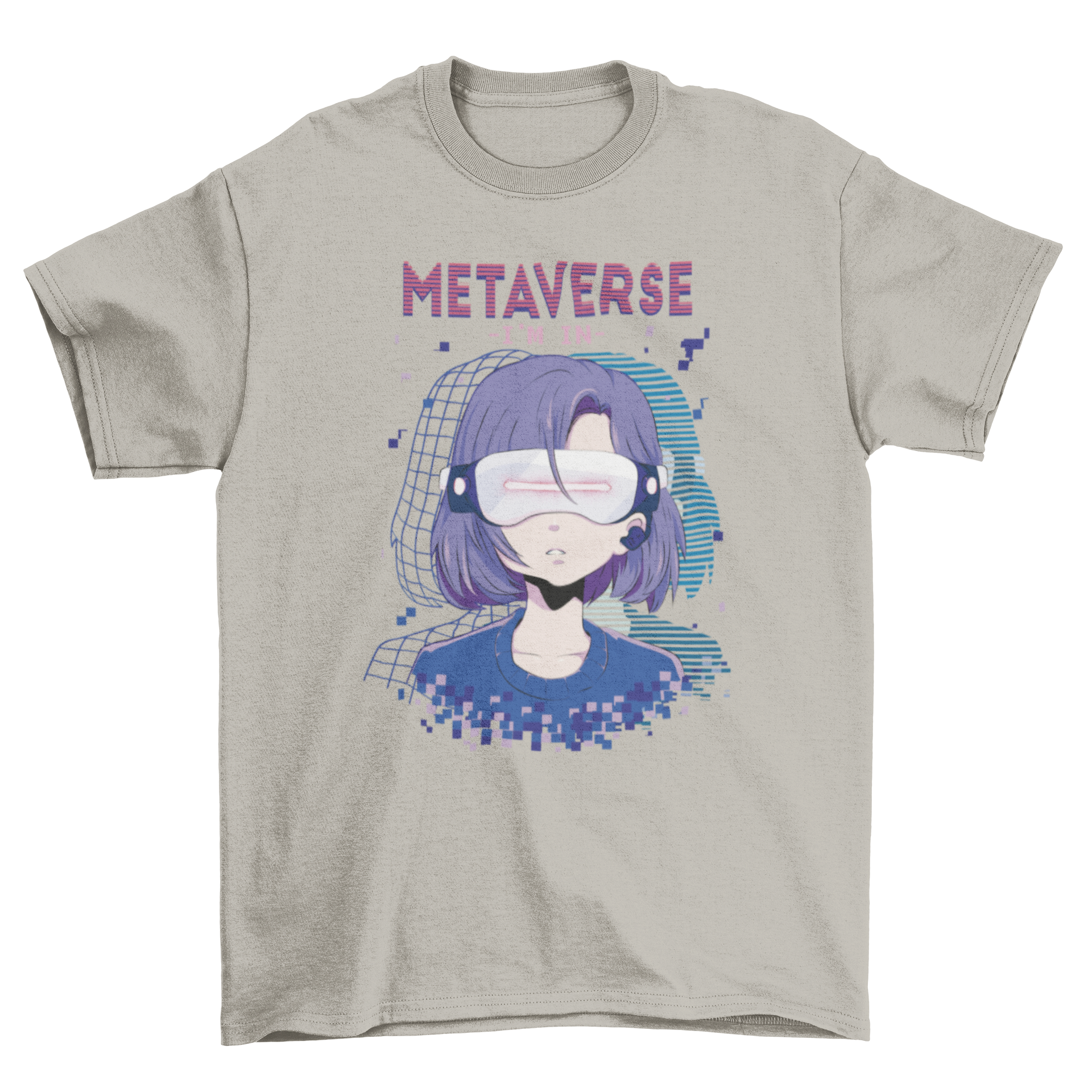 Anime girl wearing virtual reality glasses on a stylish t-shirt with the quote 'Metaverse, I'm in'.