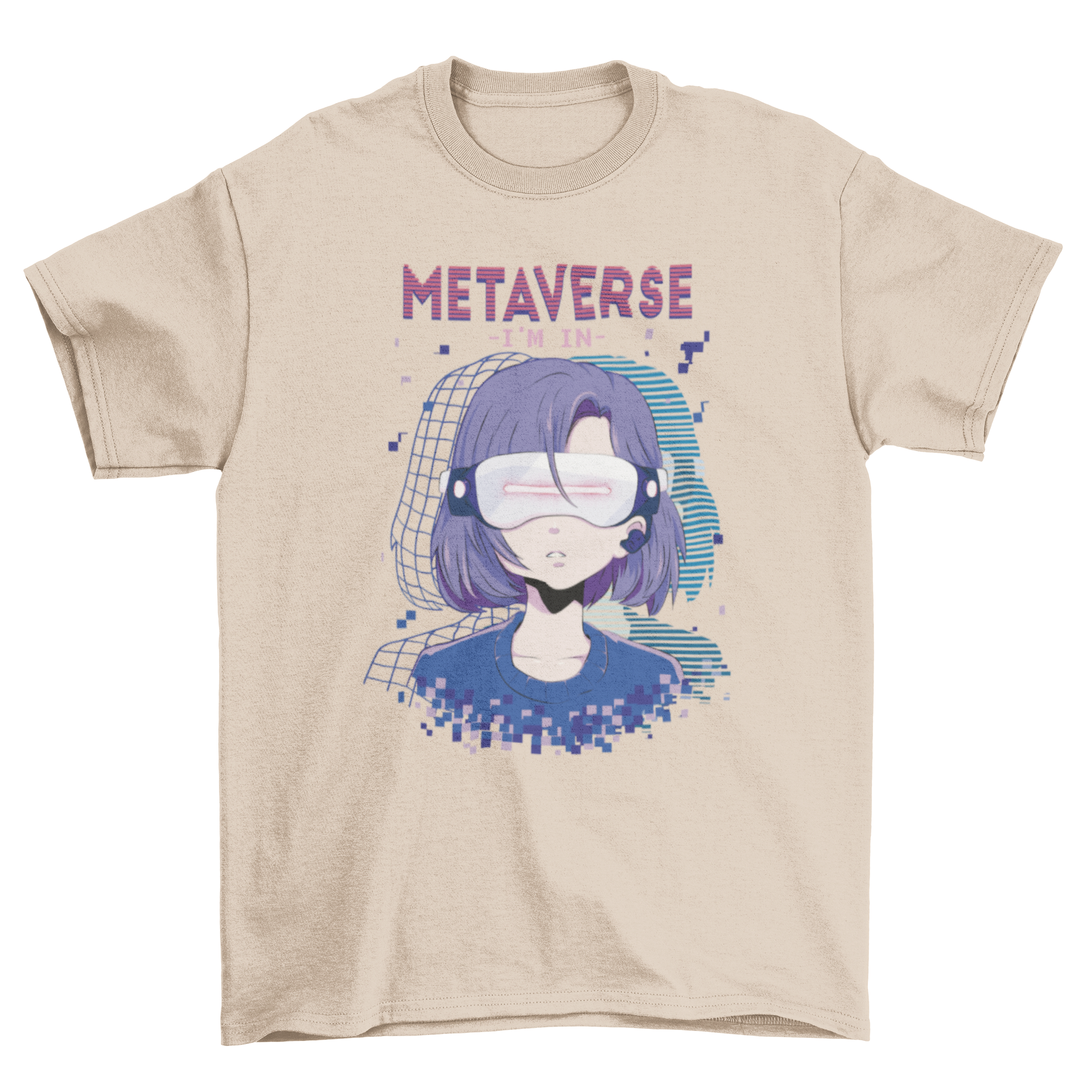 Anime girl wearing virtual reality glasses on a stylish t-shirt with the quote 'Metaverse, I'm in'.