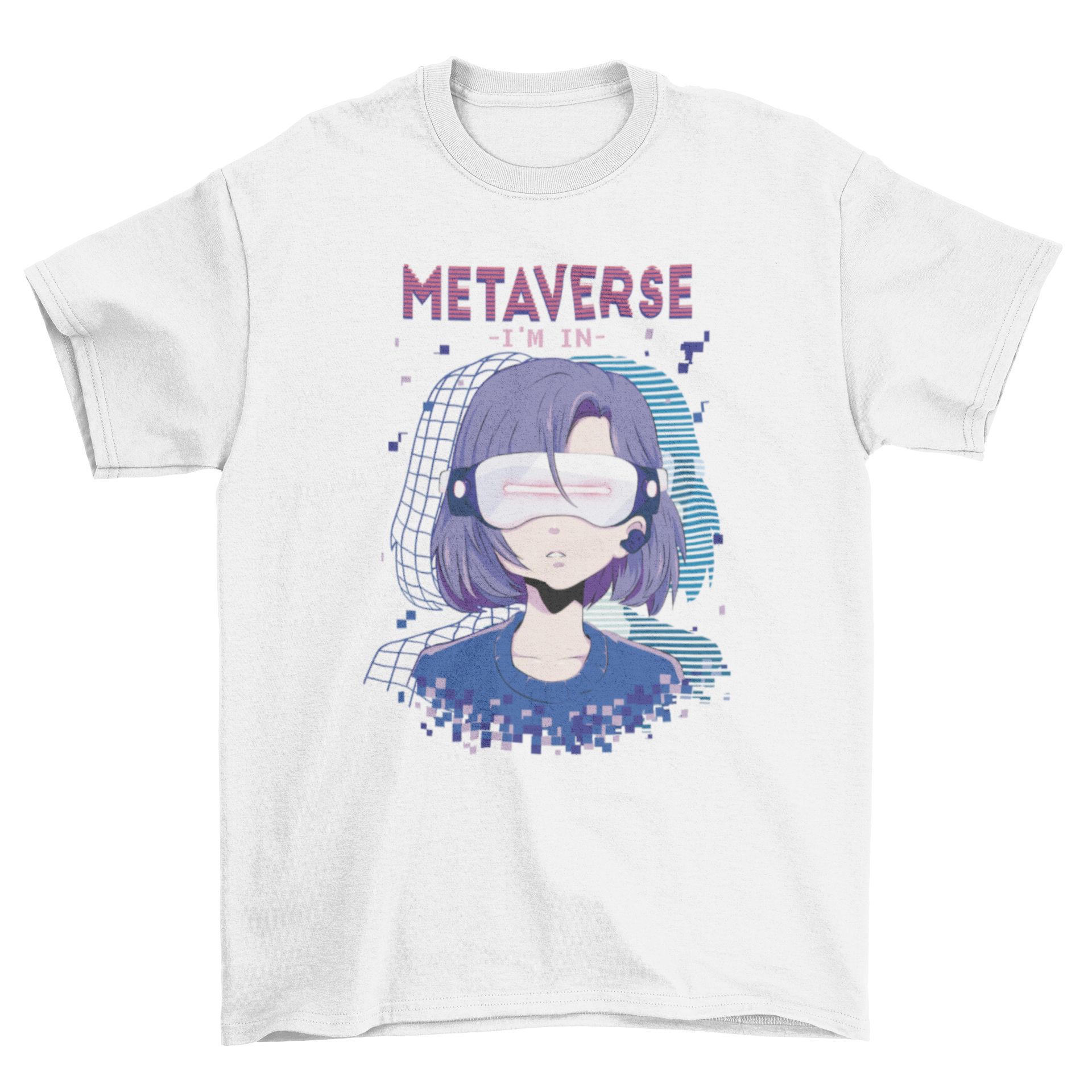 Anime girl wearing virtual reality glasses on a stylish t-shirt with the quote 'Metaverse, I'm in'.