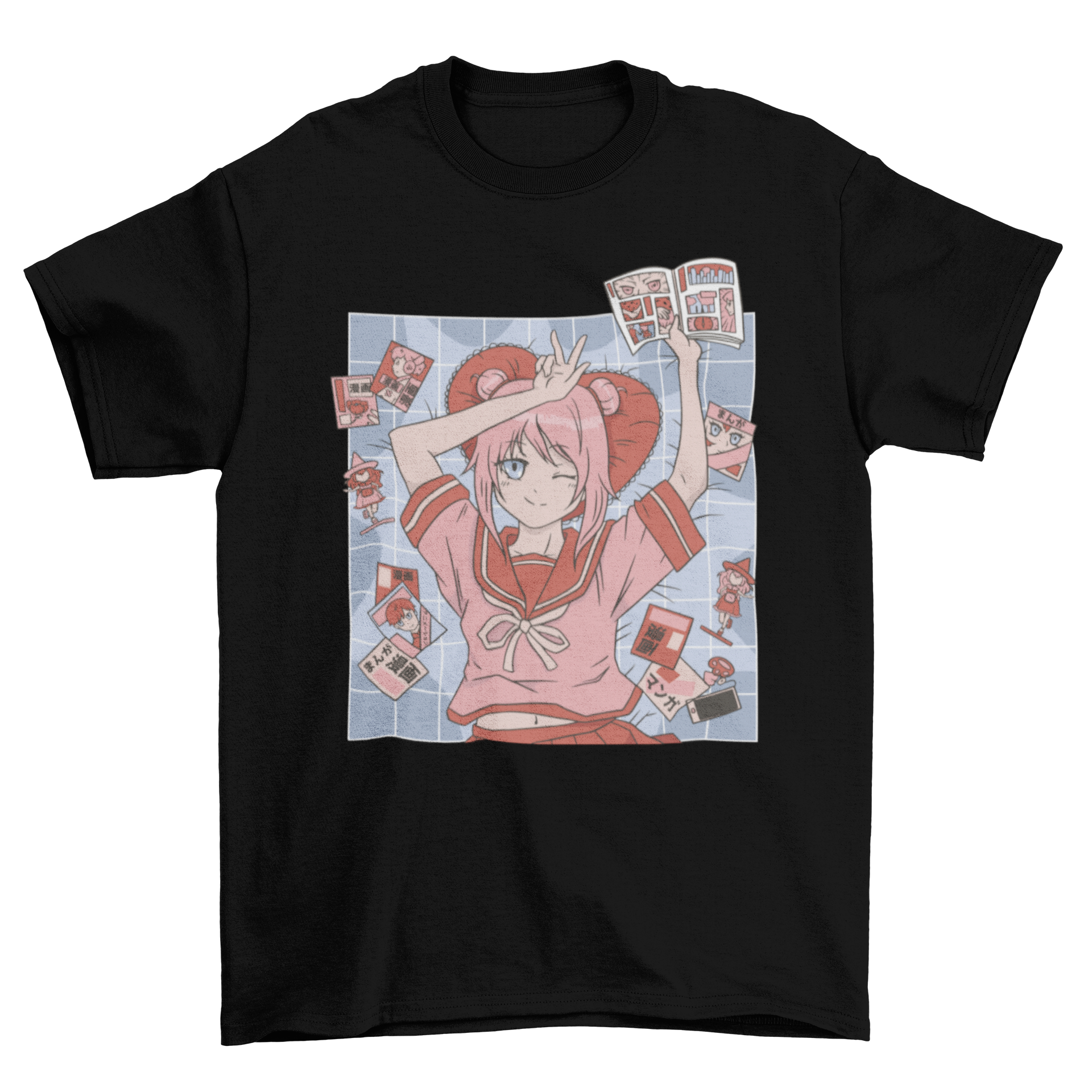 Anime girl t-shirt design featuring a cute character surrounded by colorful comic books.