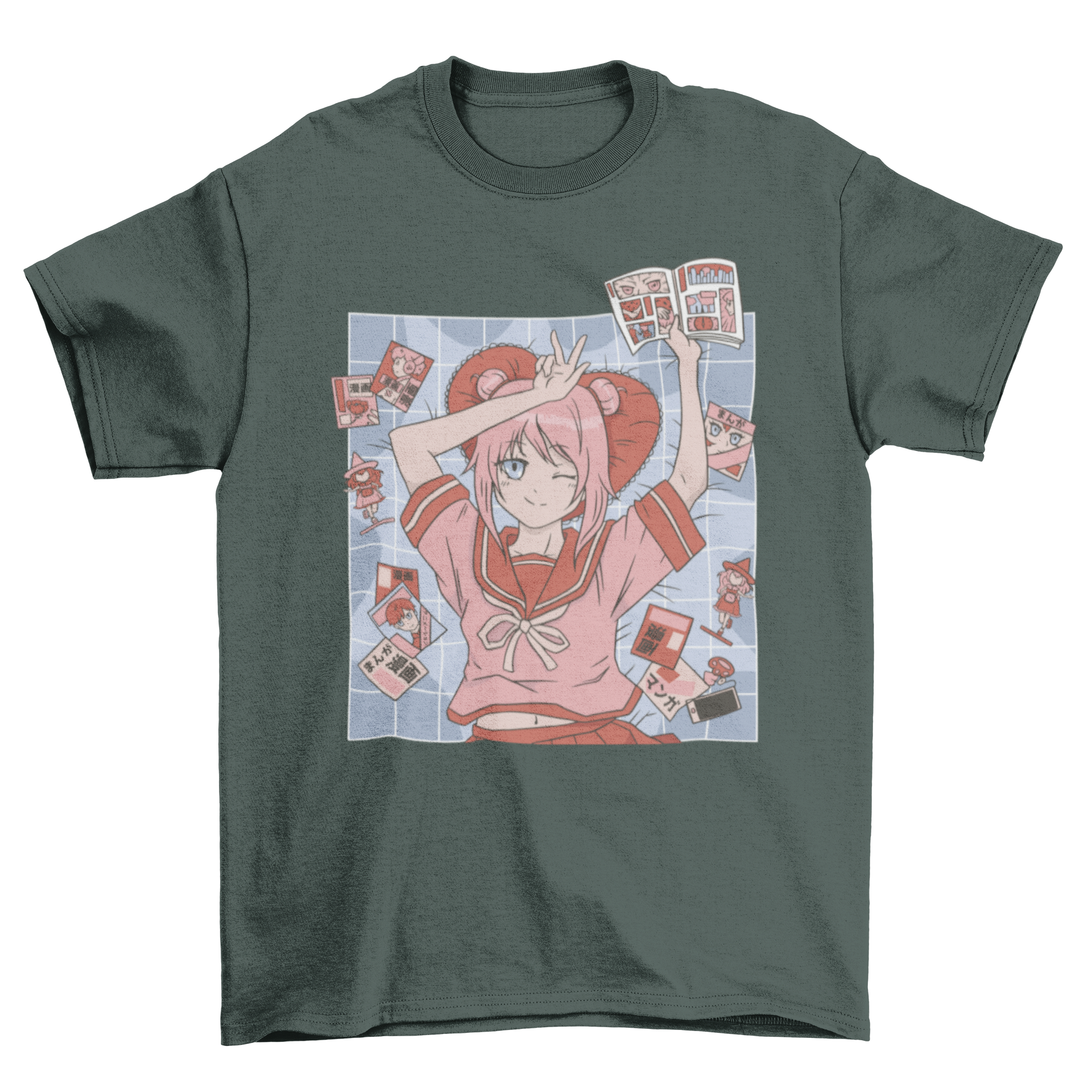 Anime girl t-shirt design featuring a cute character surrounded by colorful comic books.