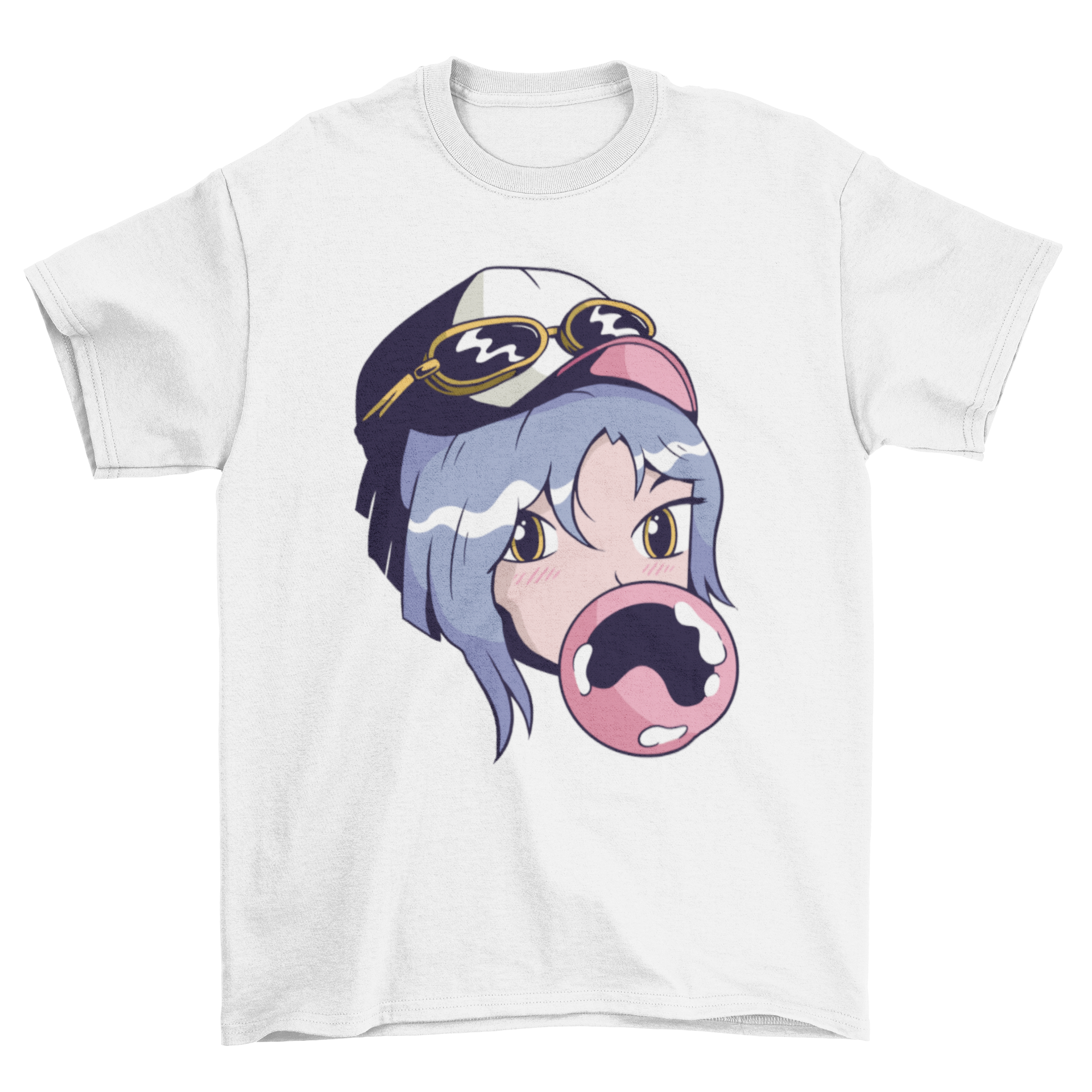 Anime girl illustration on a cute t-shirt, chewing gum, showcasing vibrant colors and playful design.