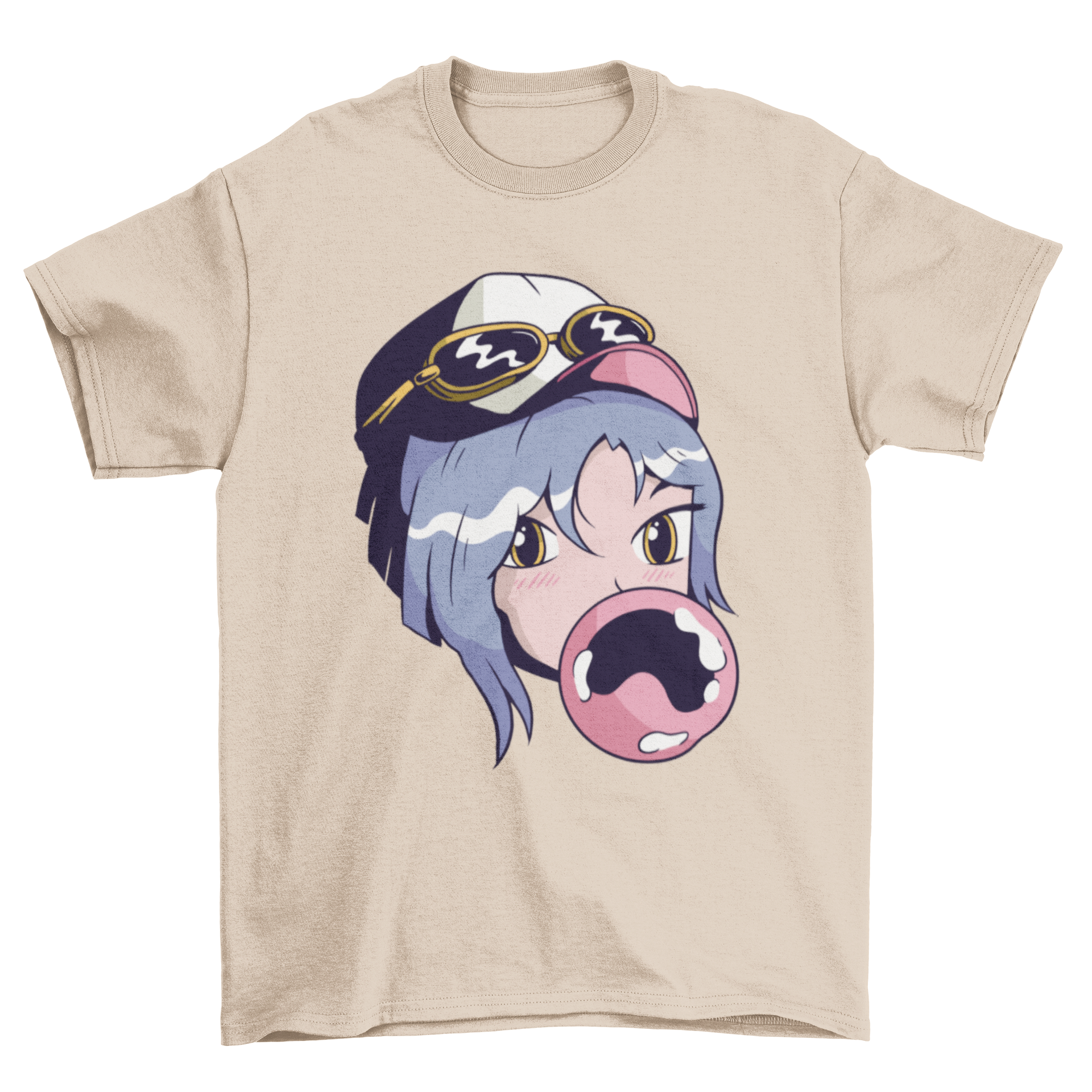 Anime girl illustration on a cute t-shirt, chewing gum, showcasing vibrant colors and playful design.