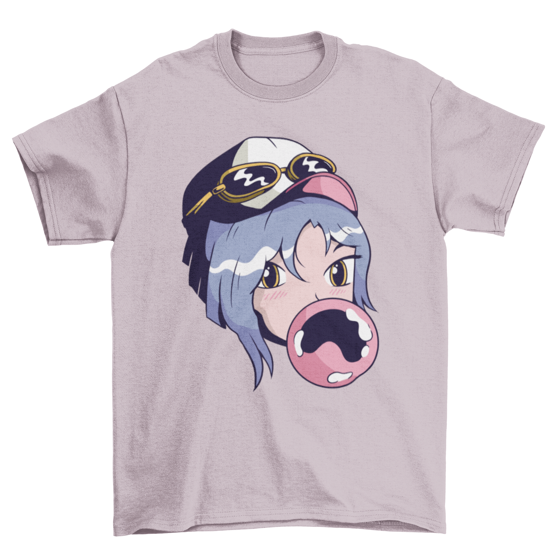 Anime girl illustration on a cute t-shirt, chewing gum, showcasing vibrant colors and playful design.