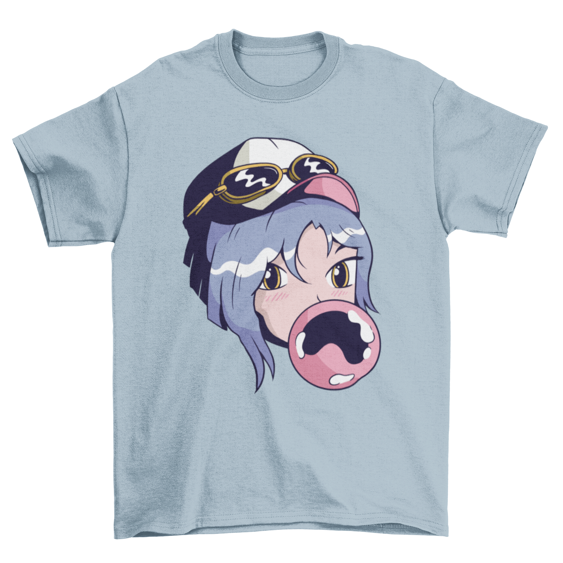 Anime girl illustration on a cute t-shirt, chewing gum, showcasing vibrant colors and playful design.