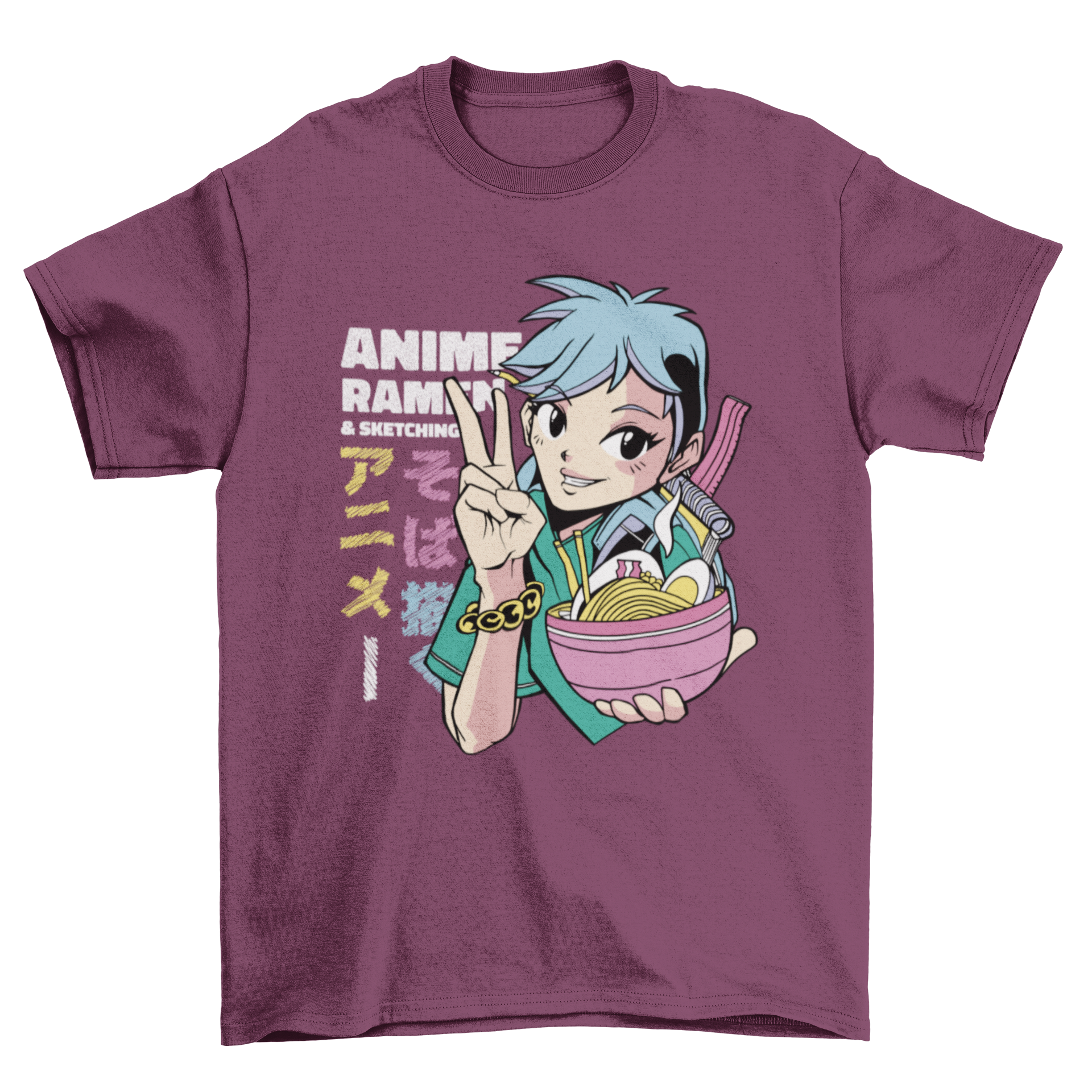 Anime girl holding a ramen bowl, vibrant colors and intricate details on a stylish t-shirt.