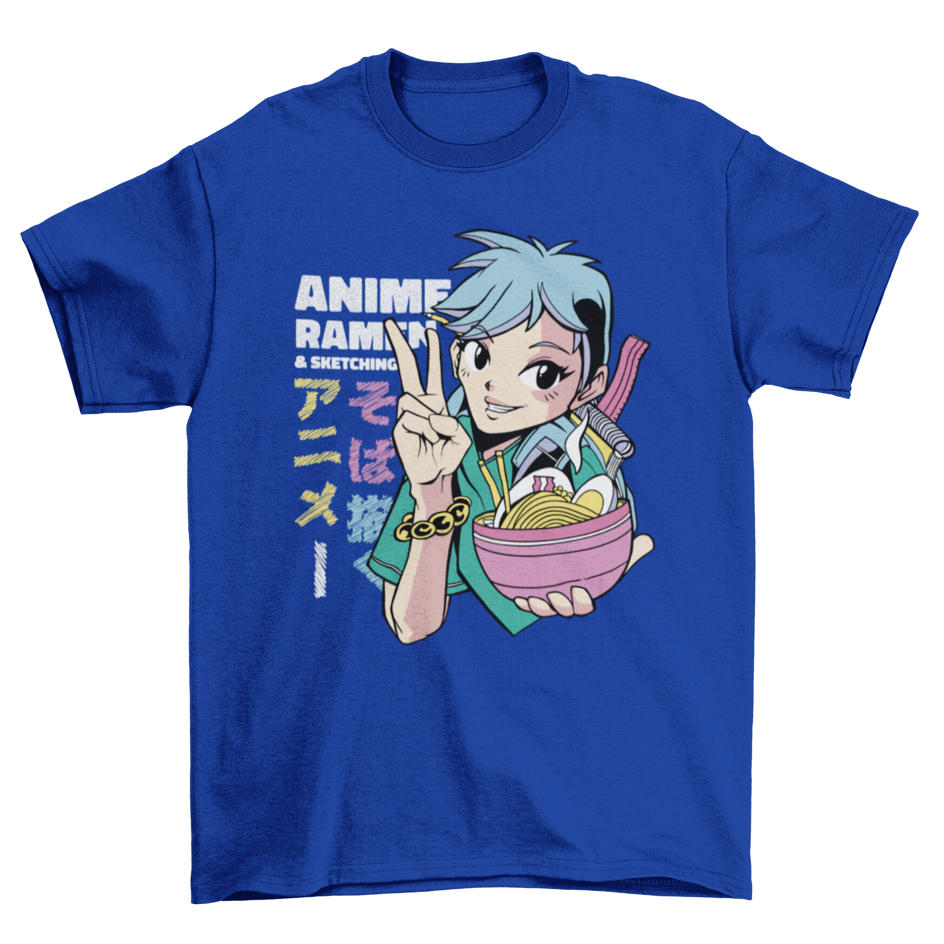 Anime girl holding a ramen bowl, vibrant colors and intricate details on a stylish t-shirt.