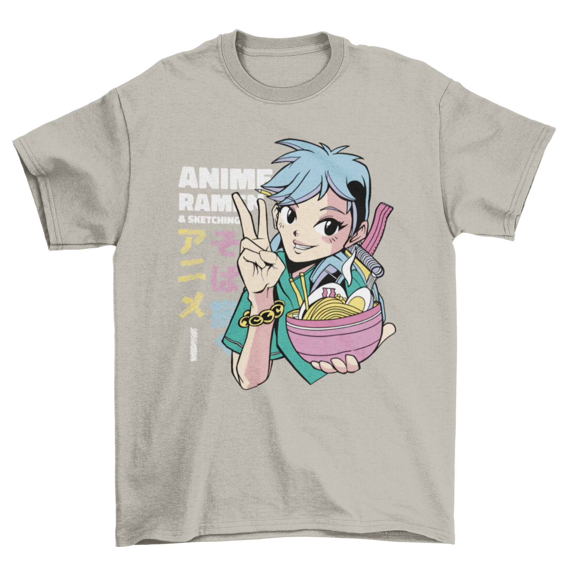 Anime girl holding a ramen bowl, vibrant colors and intricate details on a stylish t-shirt.