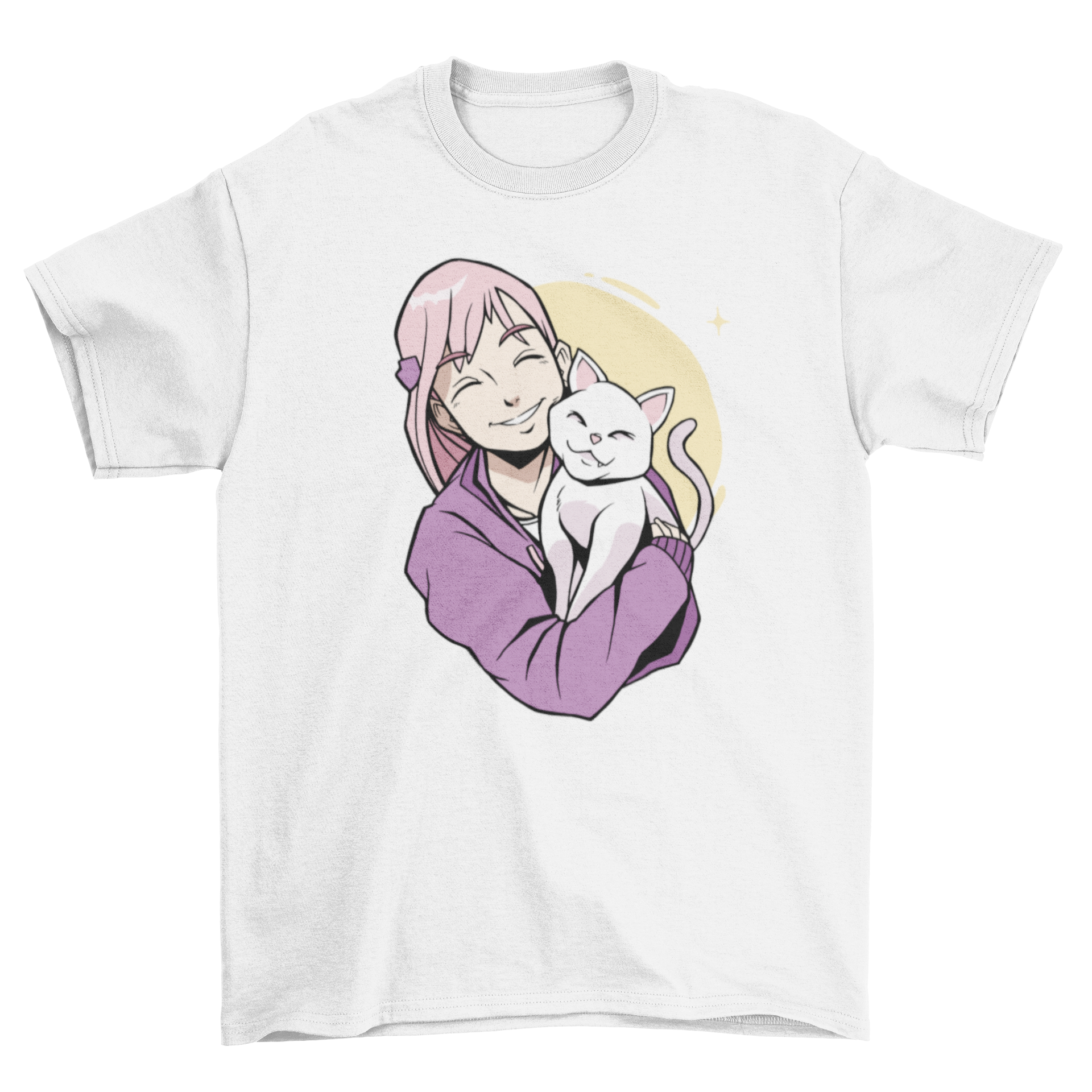 Anime girl with pink hair holding a white cat on a stylish t-shirt.