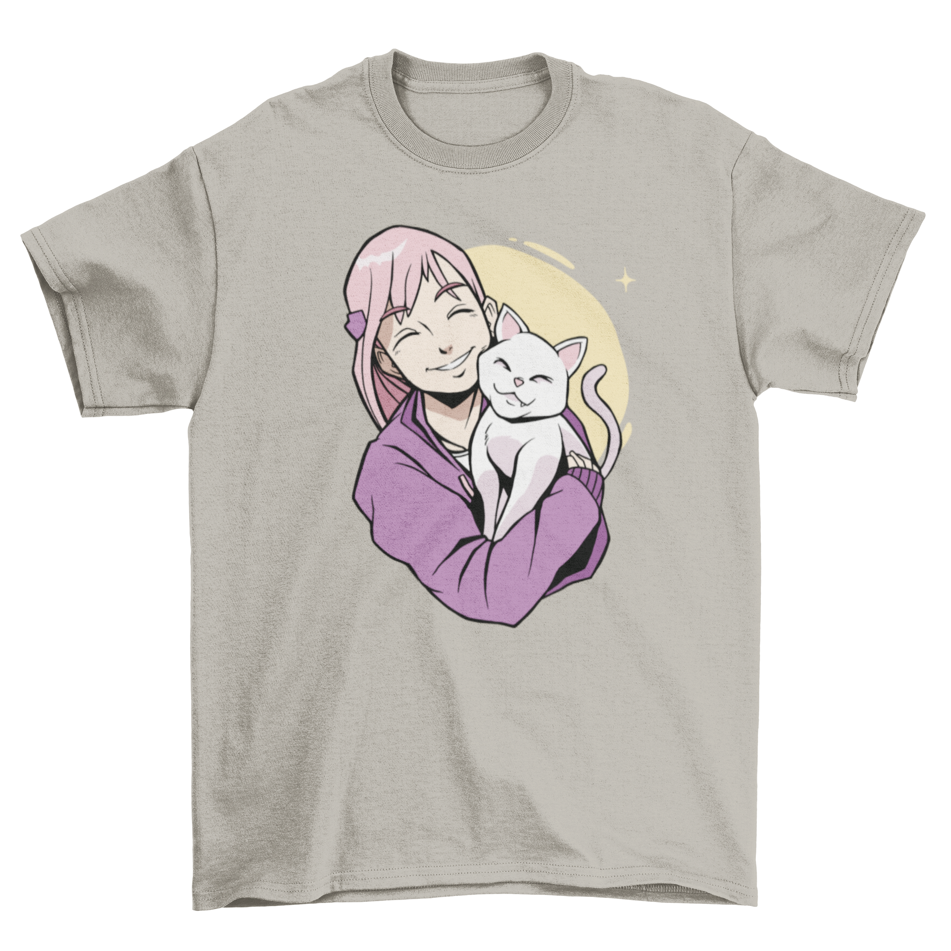 Anime girl with pink hair holding a white cat on a stylish t-shirt.