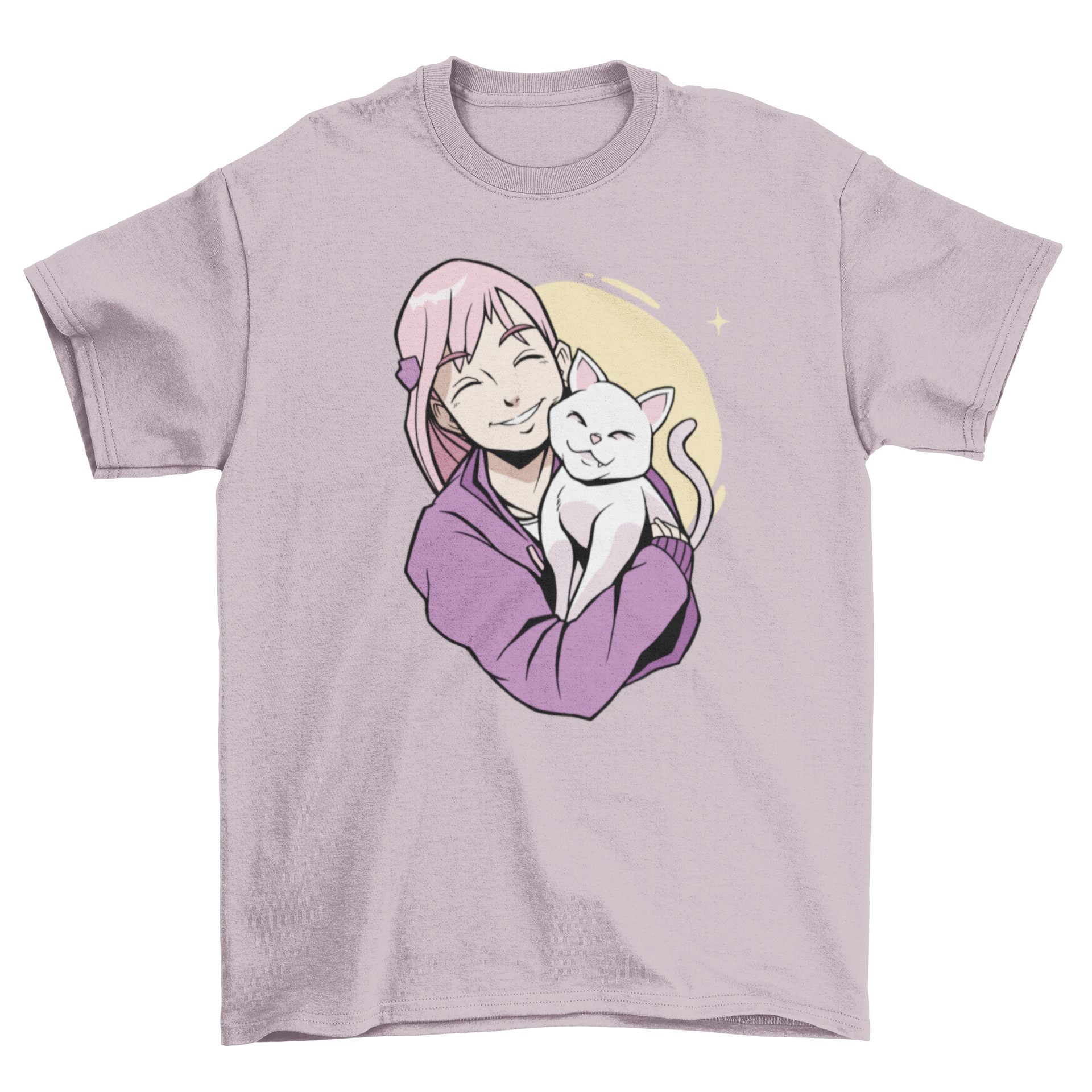 Anime girl with pink hair holding a white cat on a stylish t-shirt.