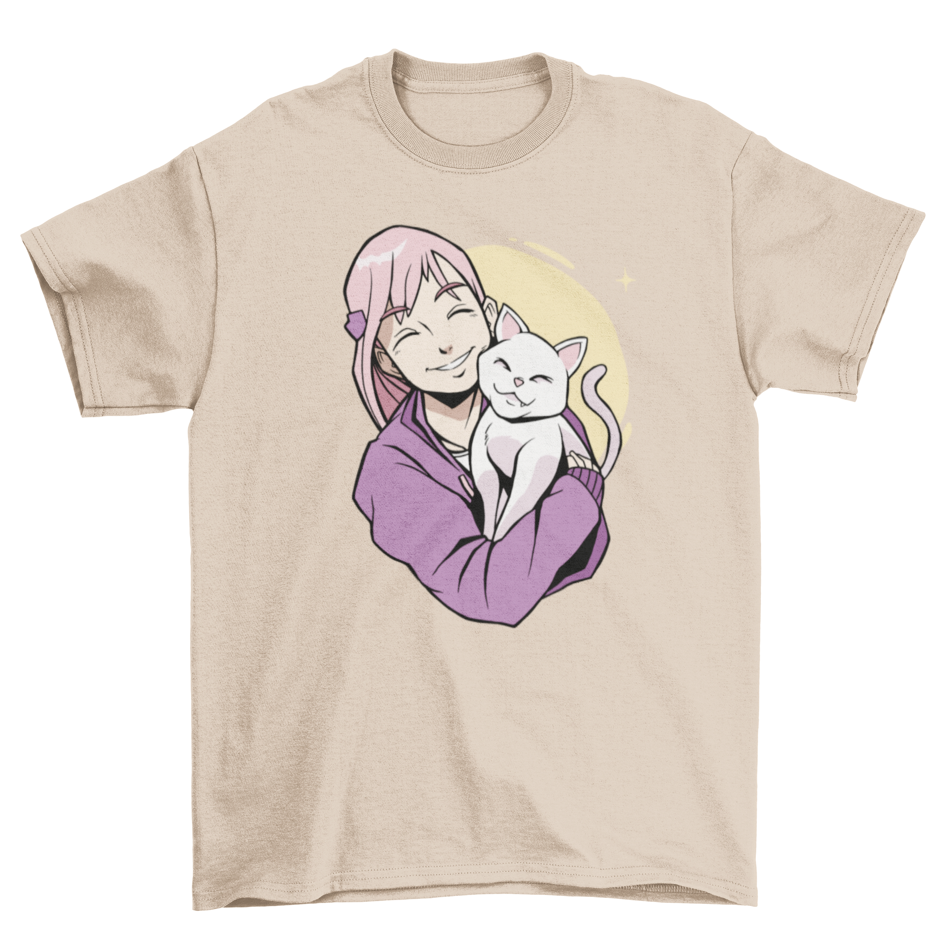 Anime girl with pink hair holding a white cat on a stylish t-shirt.