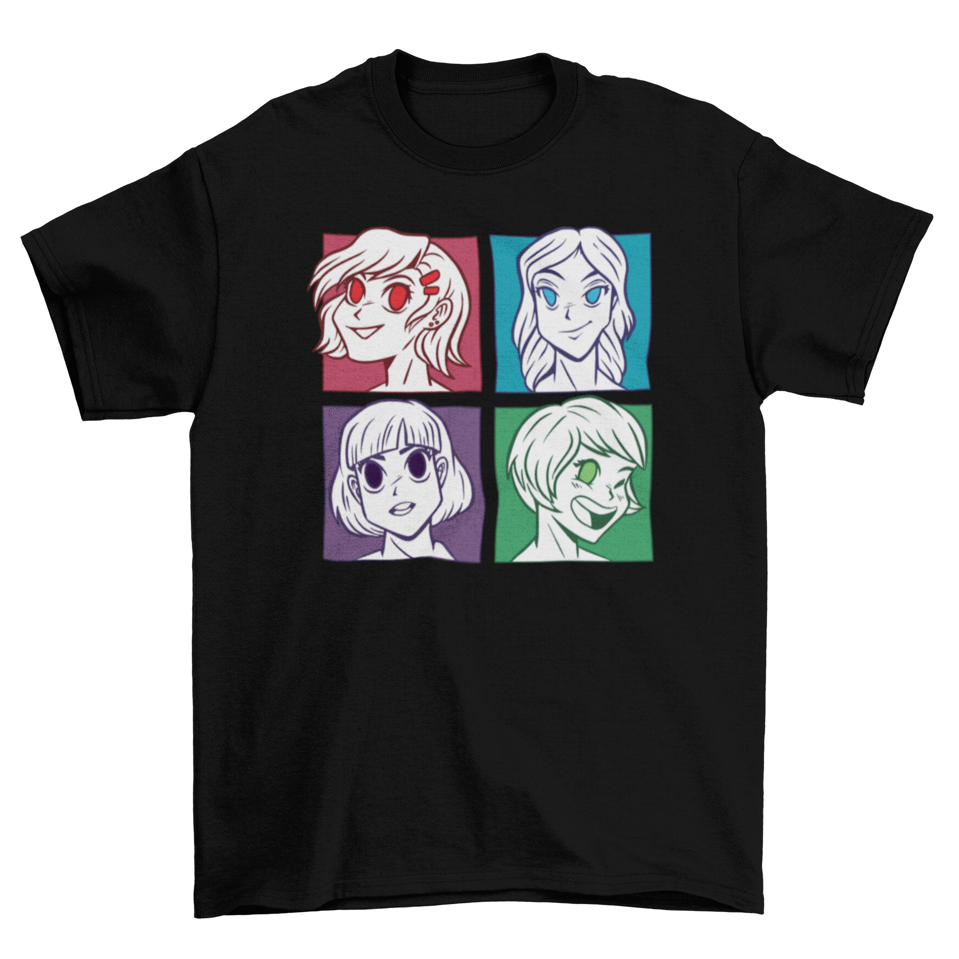 Anime Girls Heads T-shirt featuring four colorful anime girl designs.