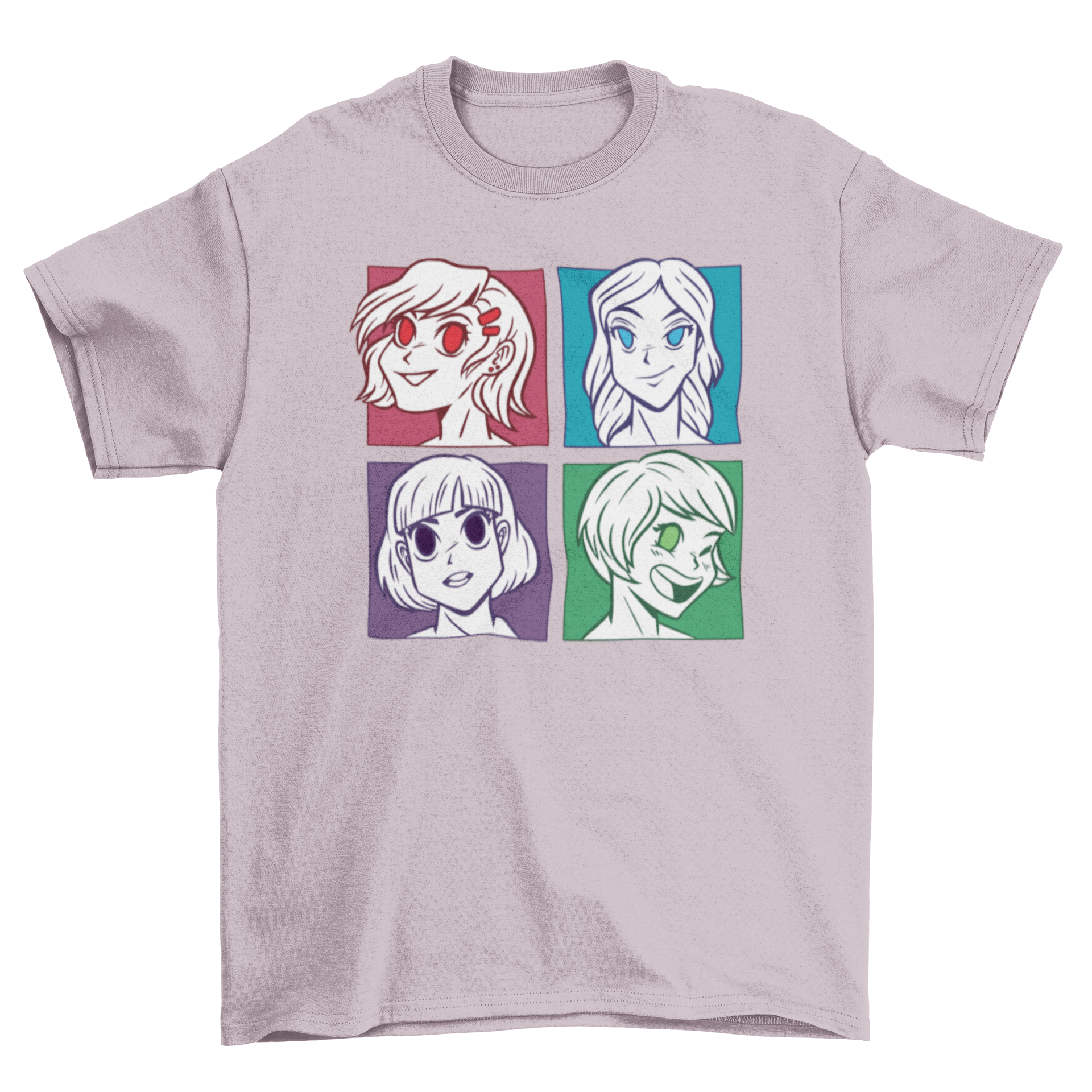 Anime Girls Heads T-shirt featuring four colorful anime girl designs.