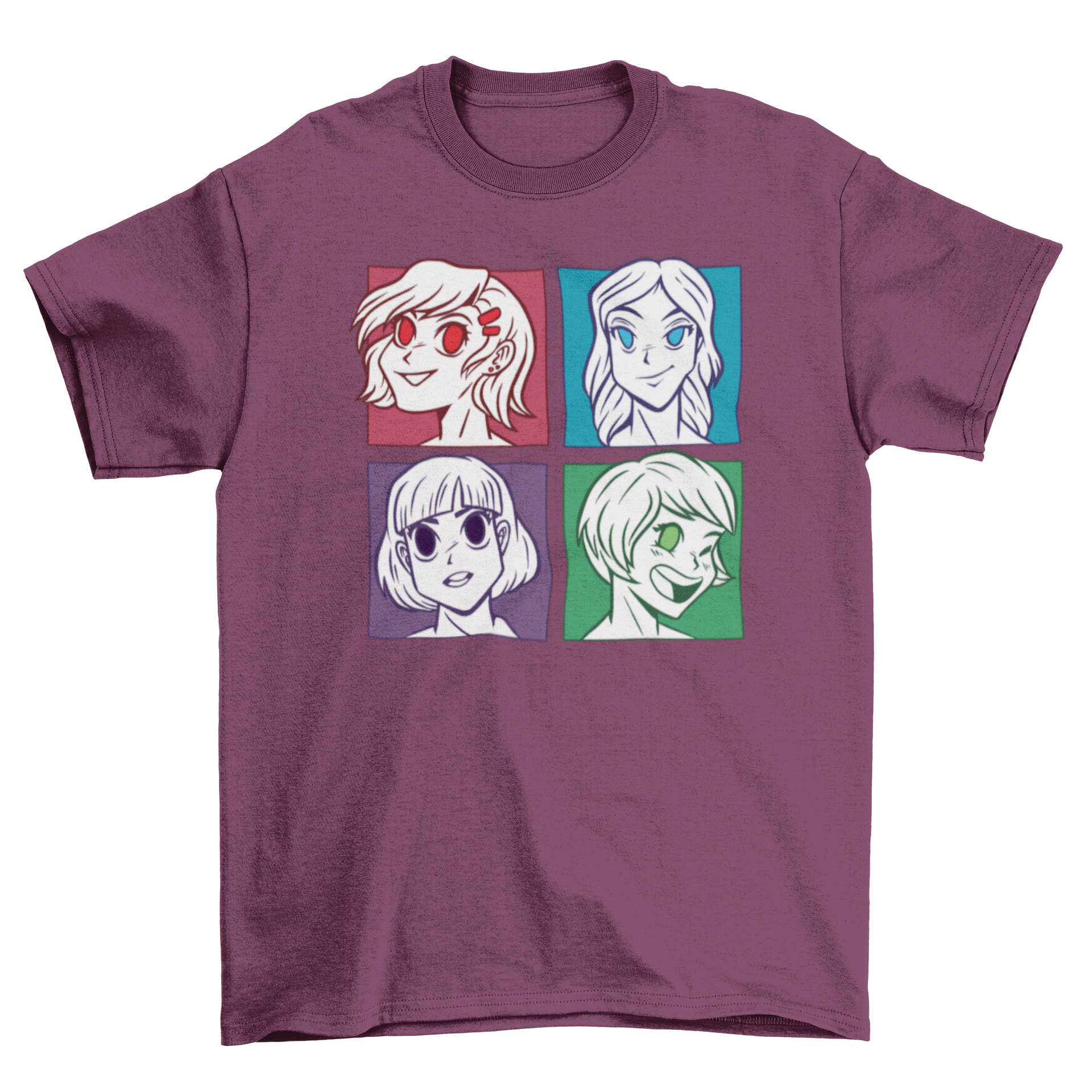 Anime Girls Heads T-shirt featuring four colorful anime girl designs.