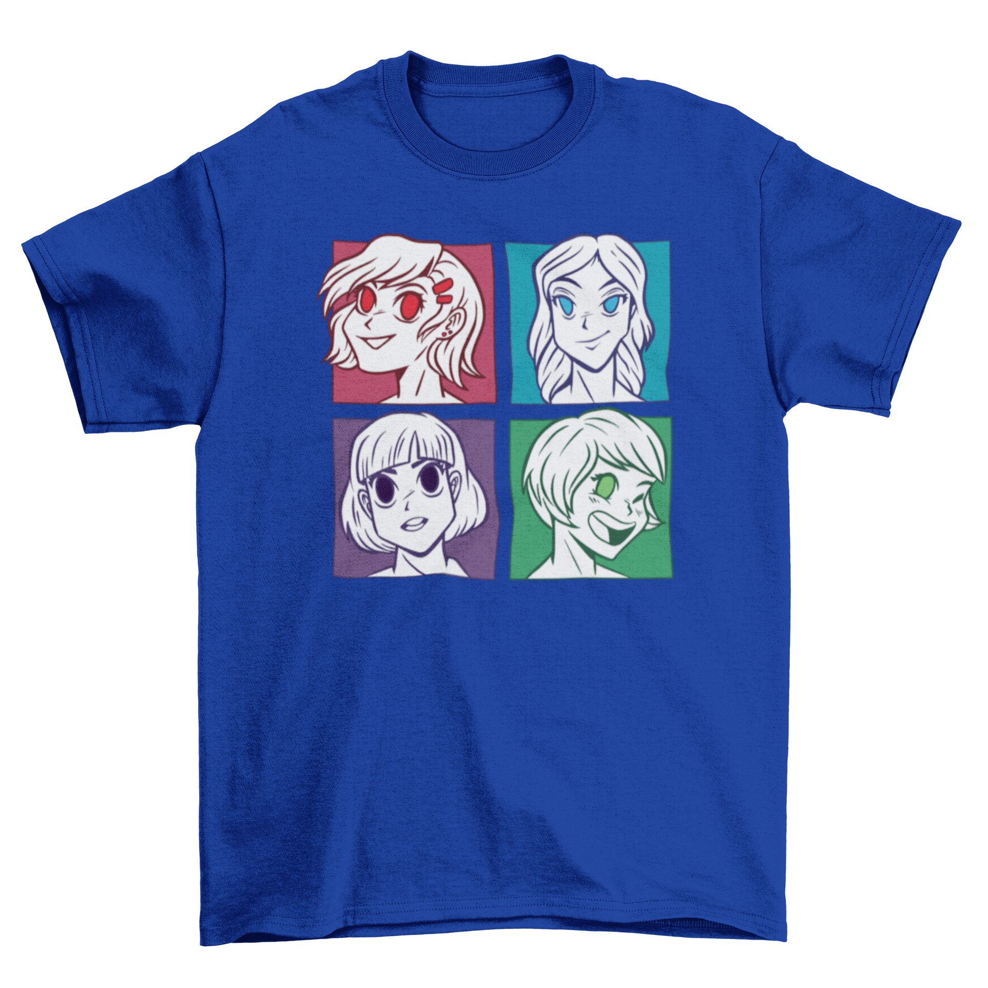 Anime Girls Heads T-shirt featuring four colorful anime girl designs.