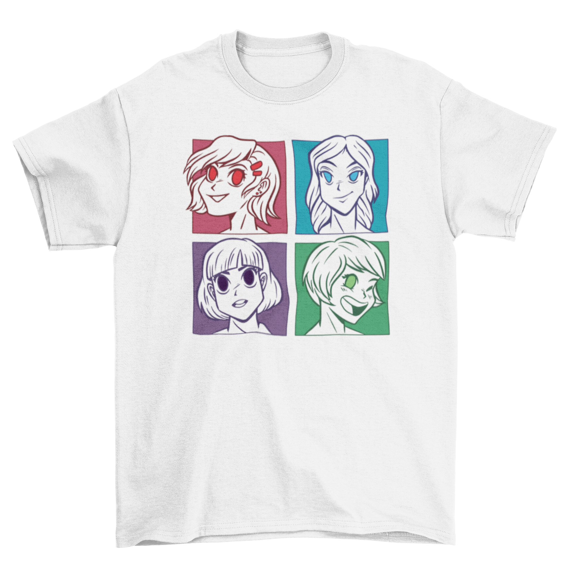 Anime Girls Heads T-shirt featuring four colorful anime girl designs.