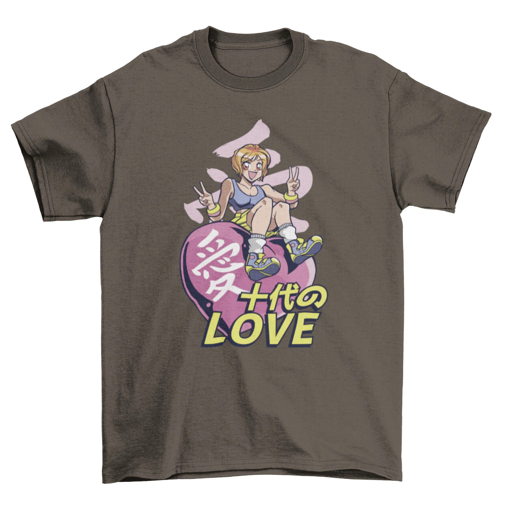 Anime Heart Girl T-Shirt featuring a cute anime girl sitting on a heart, designed for anime enthusiasts.