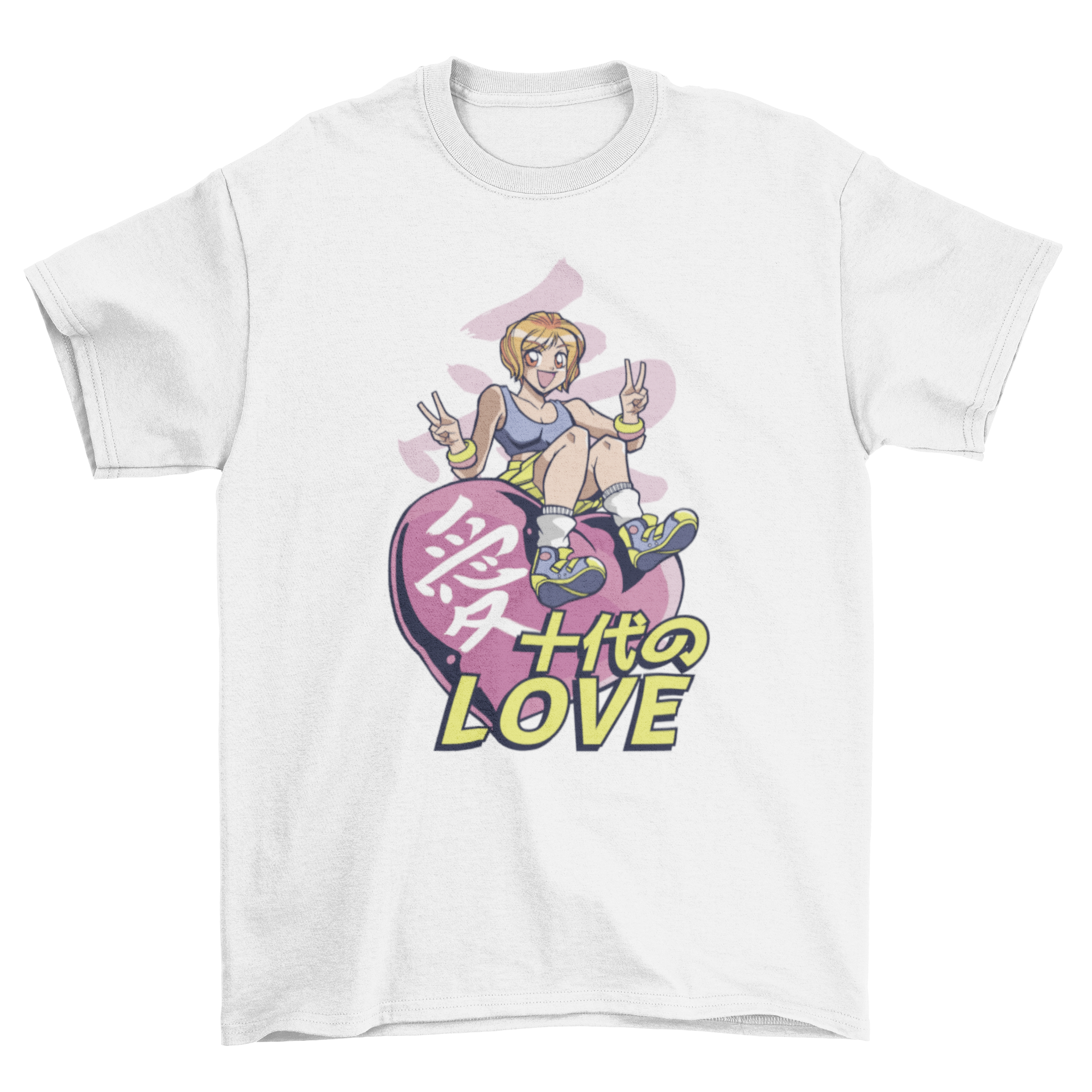 Anime Heart Girl T-Shirt featuring a cute anime girl sitting on a heart, designed for anime enthusiasts.