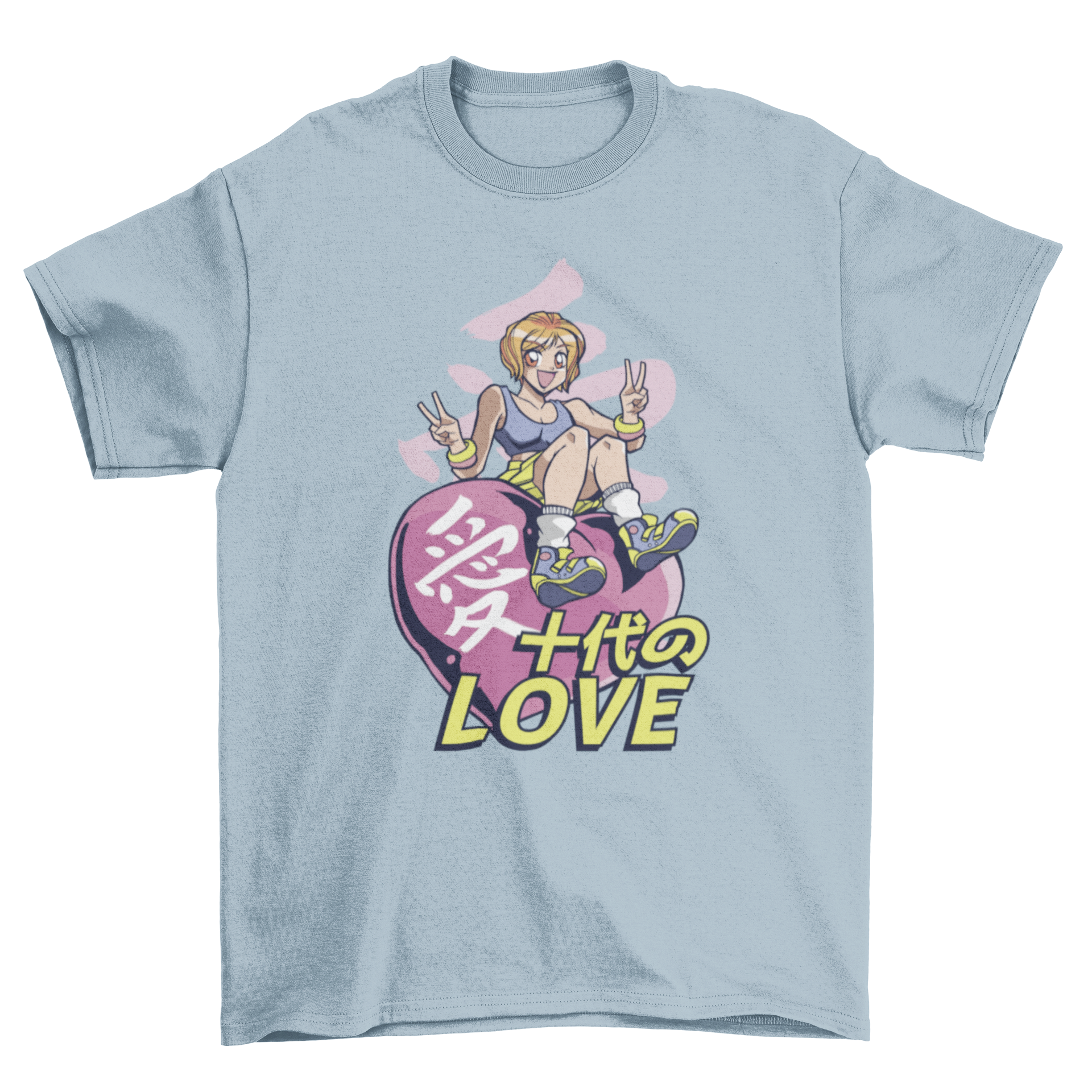 Anime Heart Girl T-Shirt featuring a cute anime girl sitting on a heart, designed for anime enthusiasts.