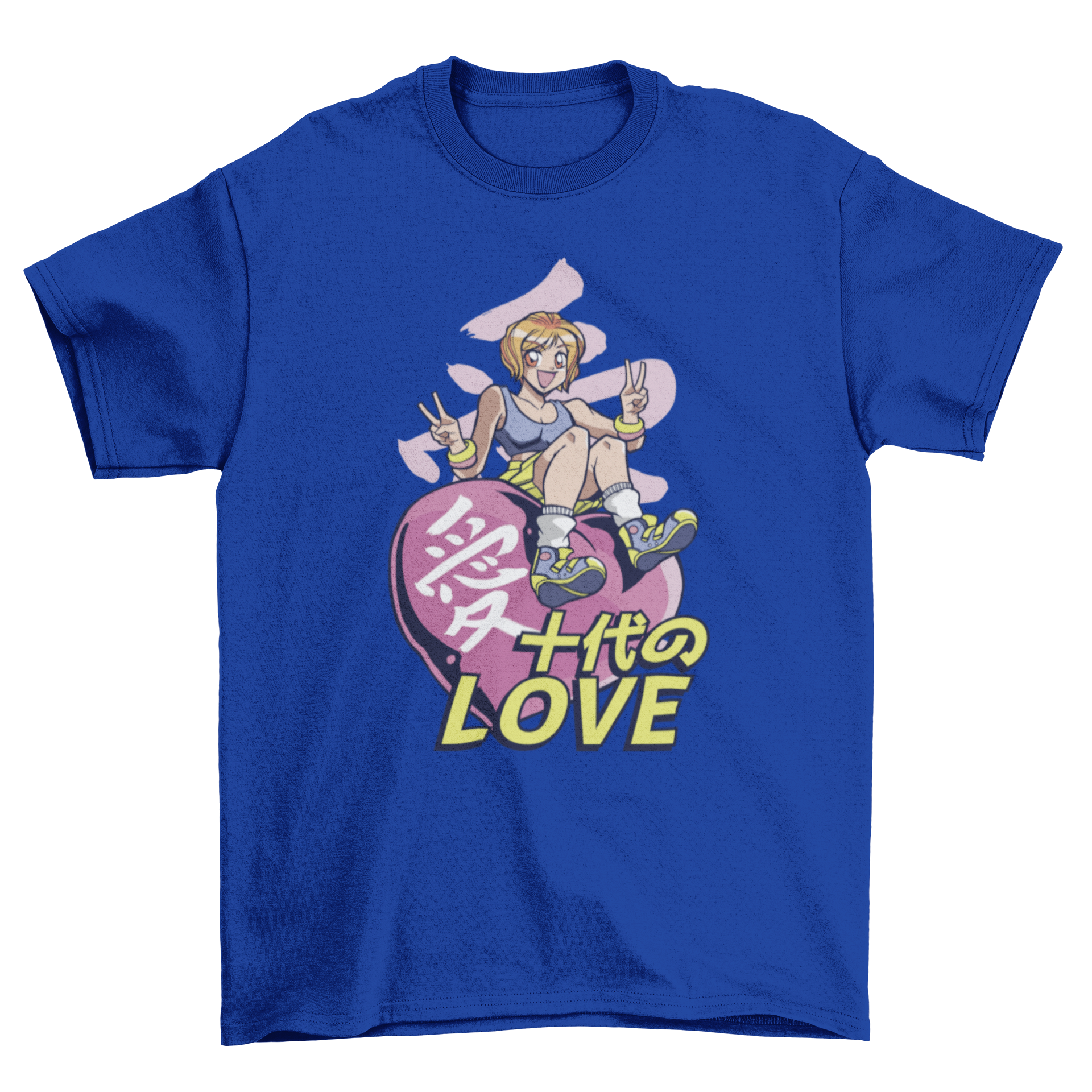 Anime Heart Girl T-Shirt featuring a cute anime girl sitting on a heart, designed for anime enthusiasts.