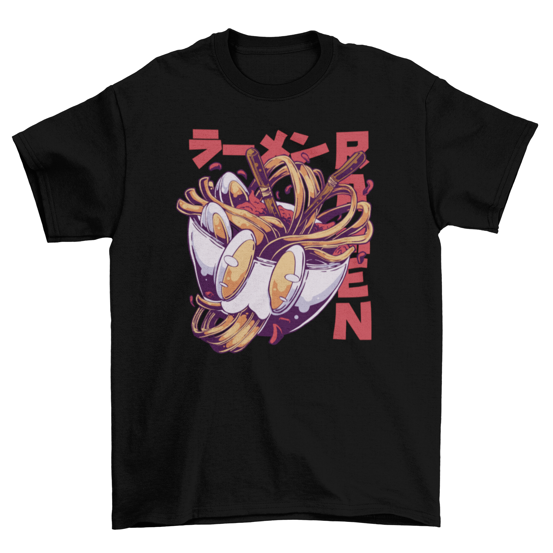 Anime ramen bowl t-shirt featuring chopsticks and the quote 'Ramen', perfect for food lovers.