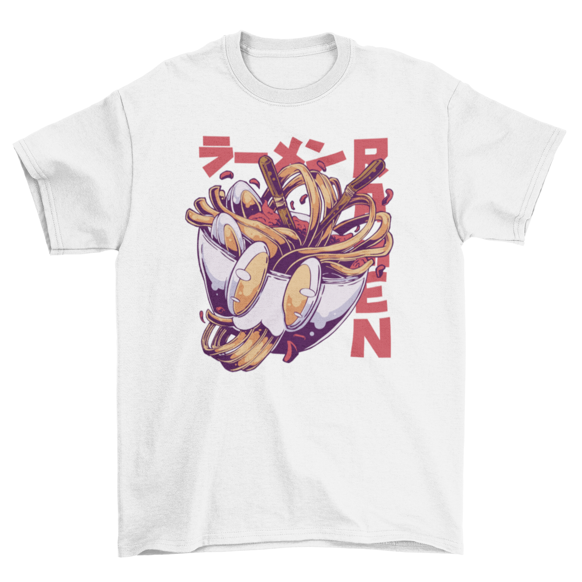 Anime ramen bowl t-shirt featuring chopsticks and the quote 'Ramen', perfect for food lovers.