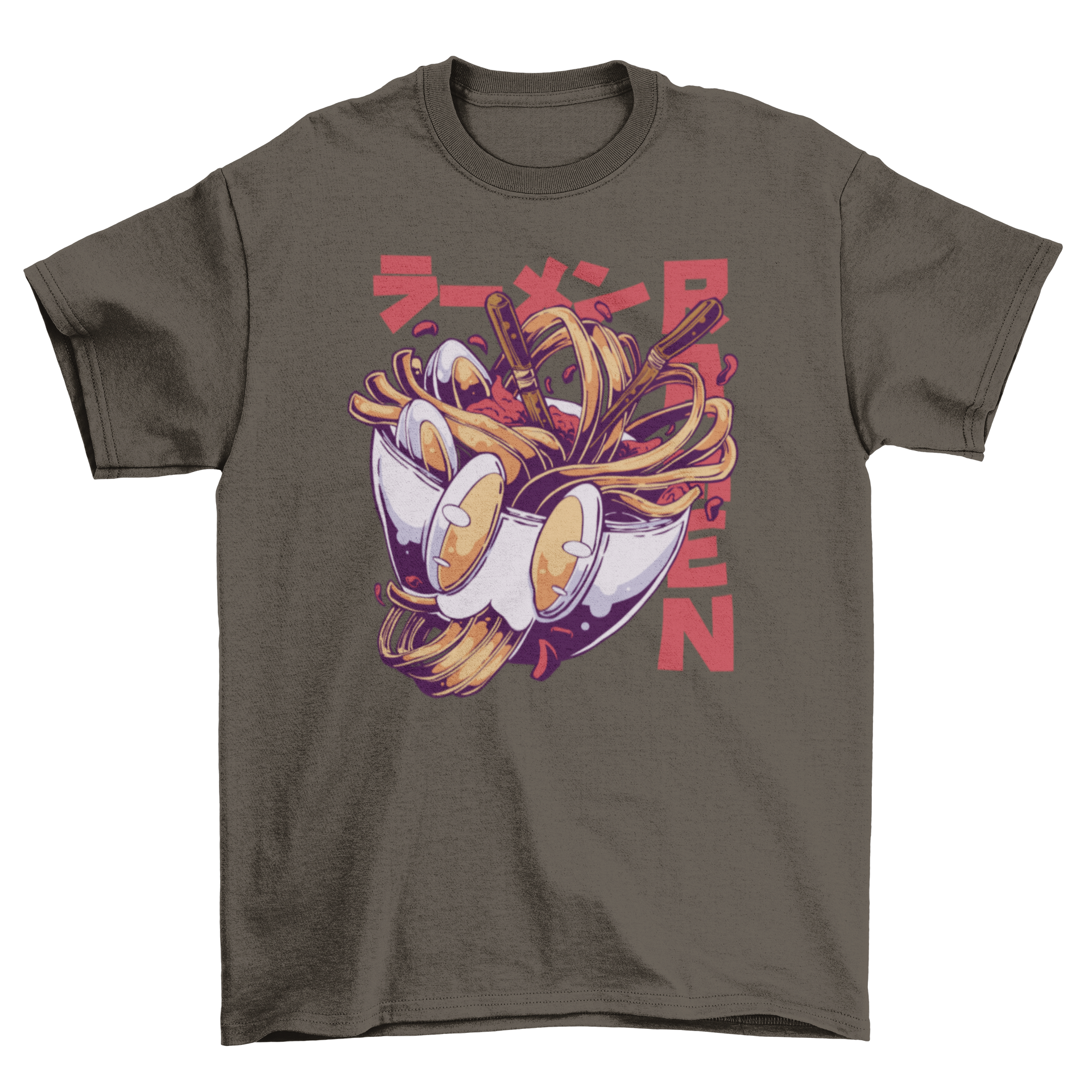 Anime ramen bowl t-shirt featuring chopsticks and the quote 'Ramen', perfect for food lovers.