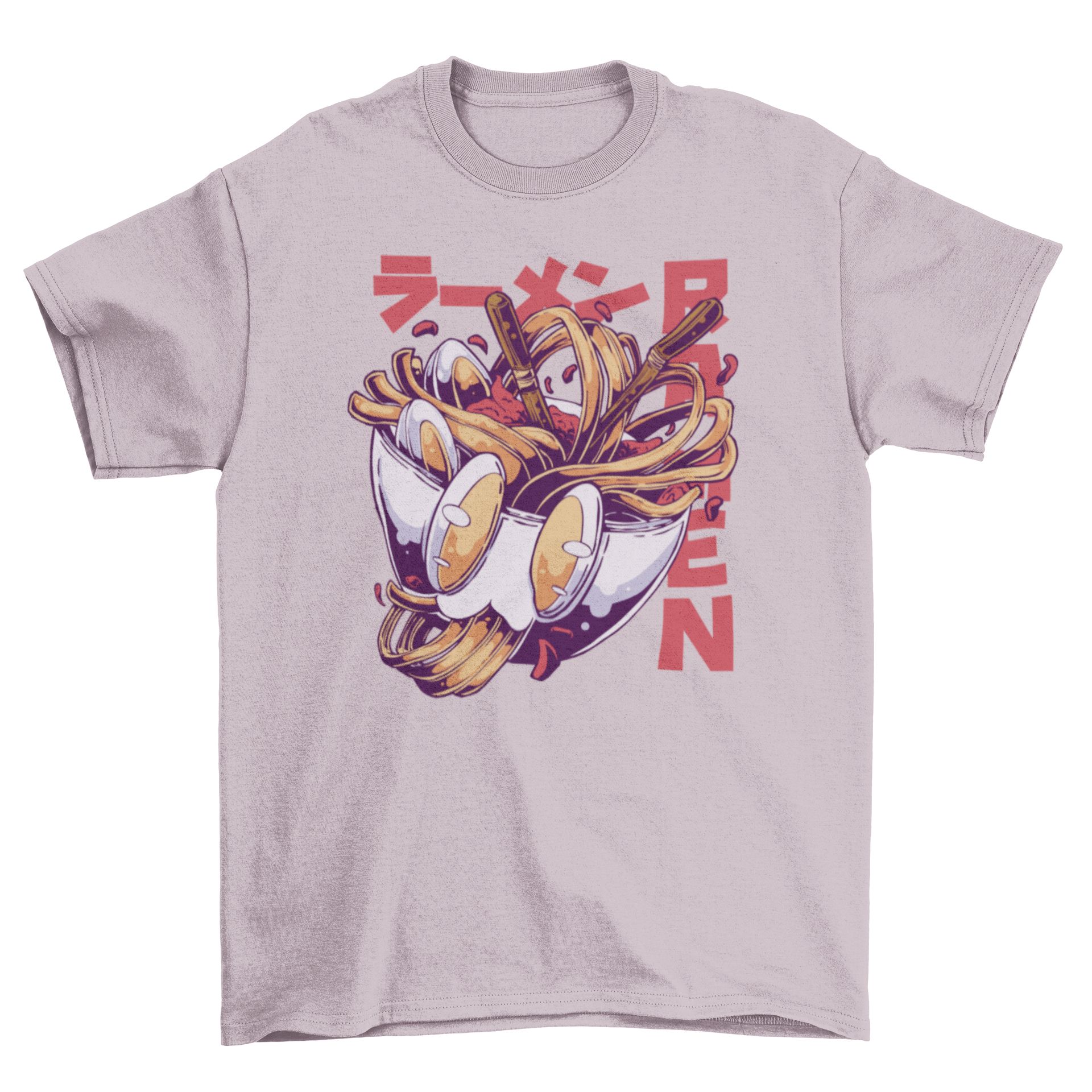 Anime ramen bowl t-shirt featuring chopsticks and the quote 'Ramen', perfect for food lovers.