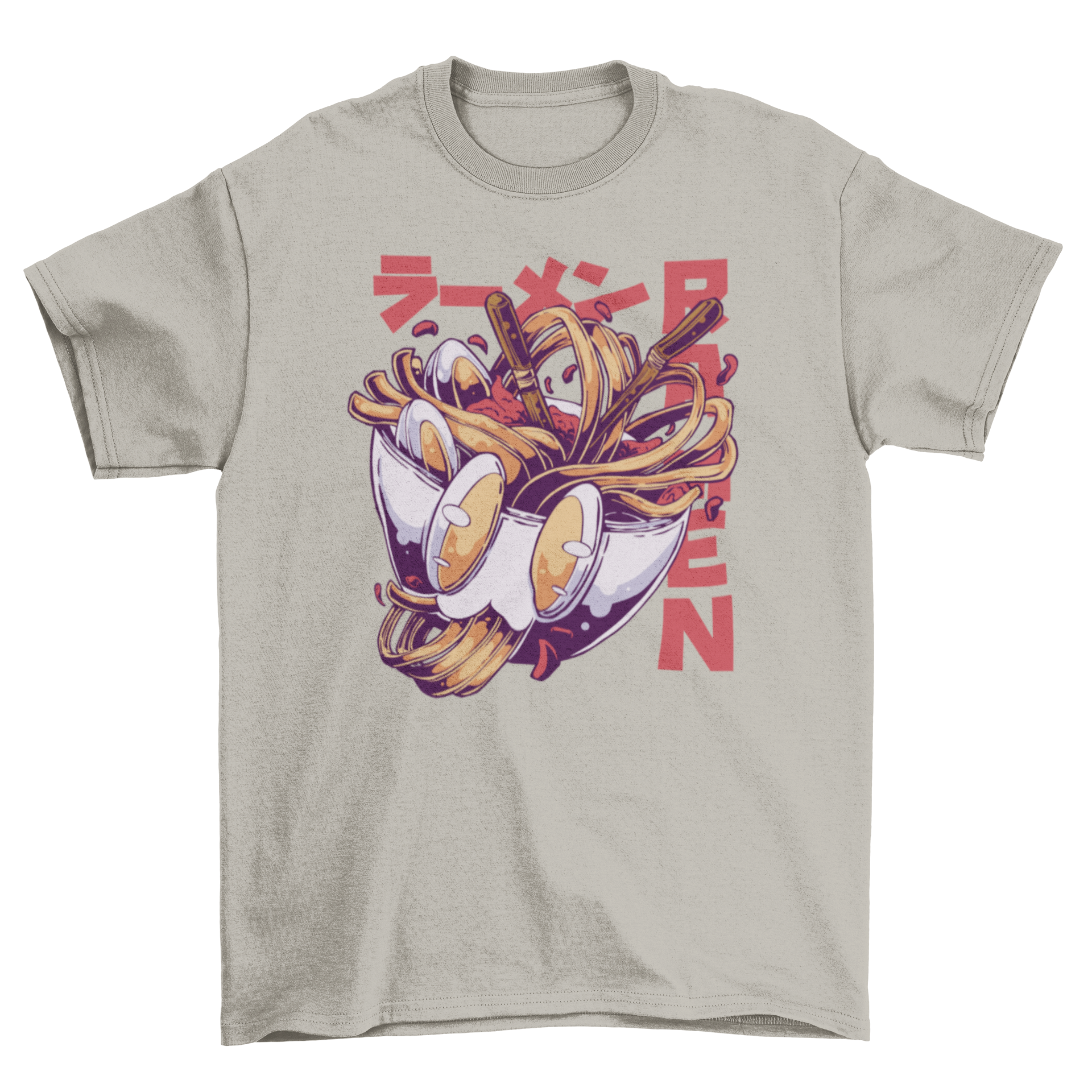 Anime ramen bowl t-shirt featuring chopsticks and the quote 'Ramen', perfect for food lovers.