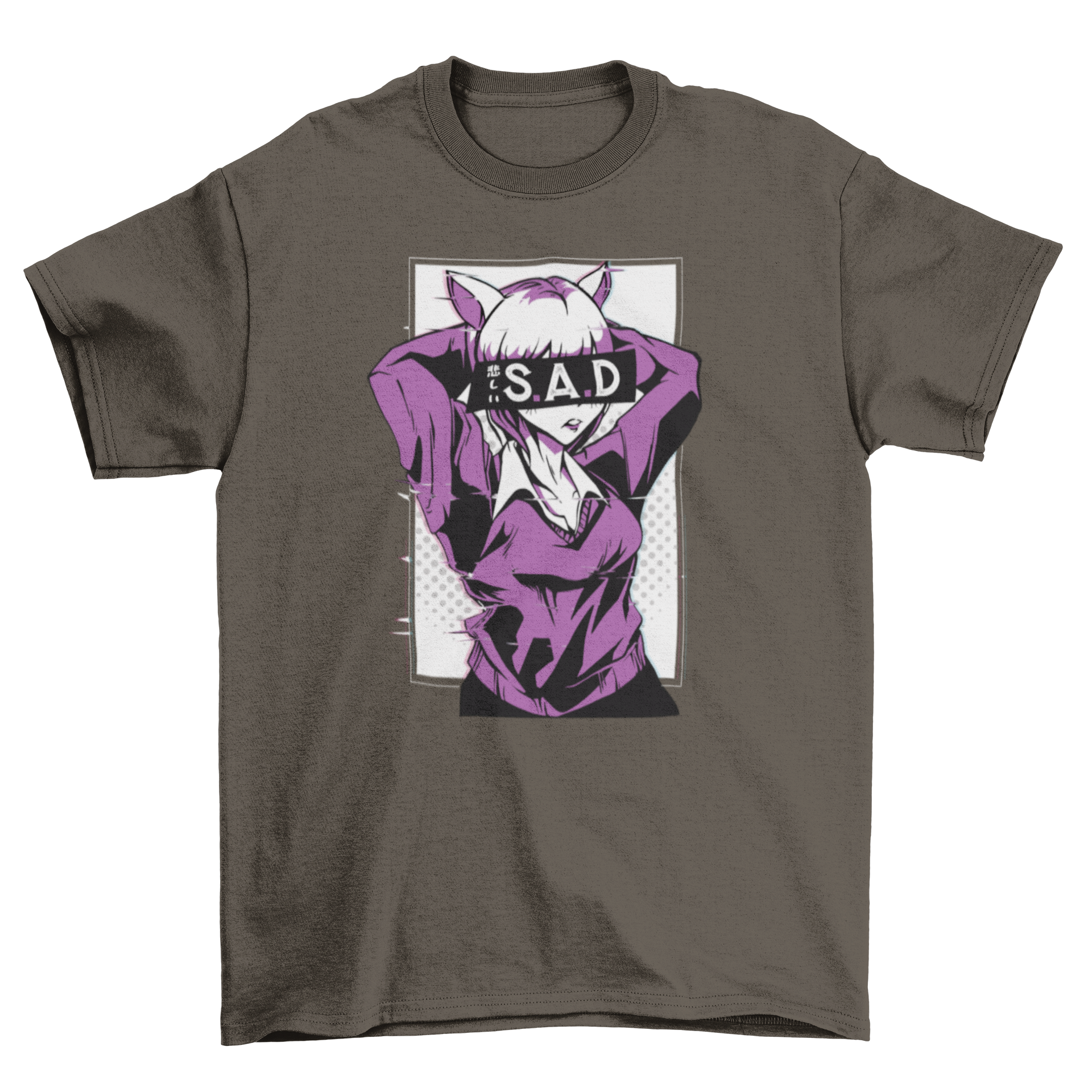 Anime Sad Girl T-shirt featuring an illustration of a girl with the caption 'Sad' covering her eyes, designed for anime enthusiasts.