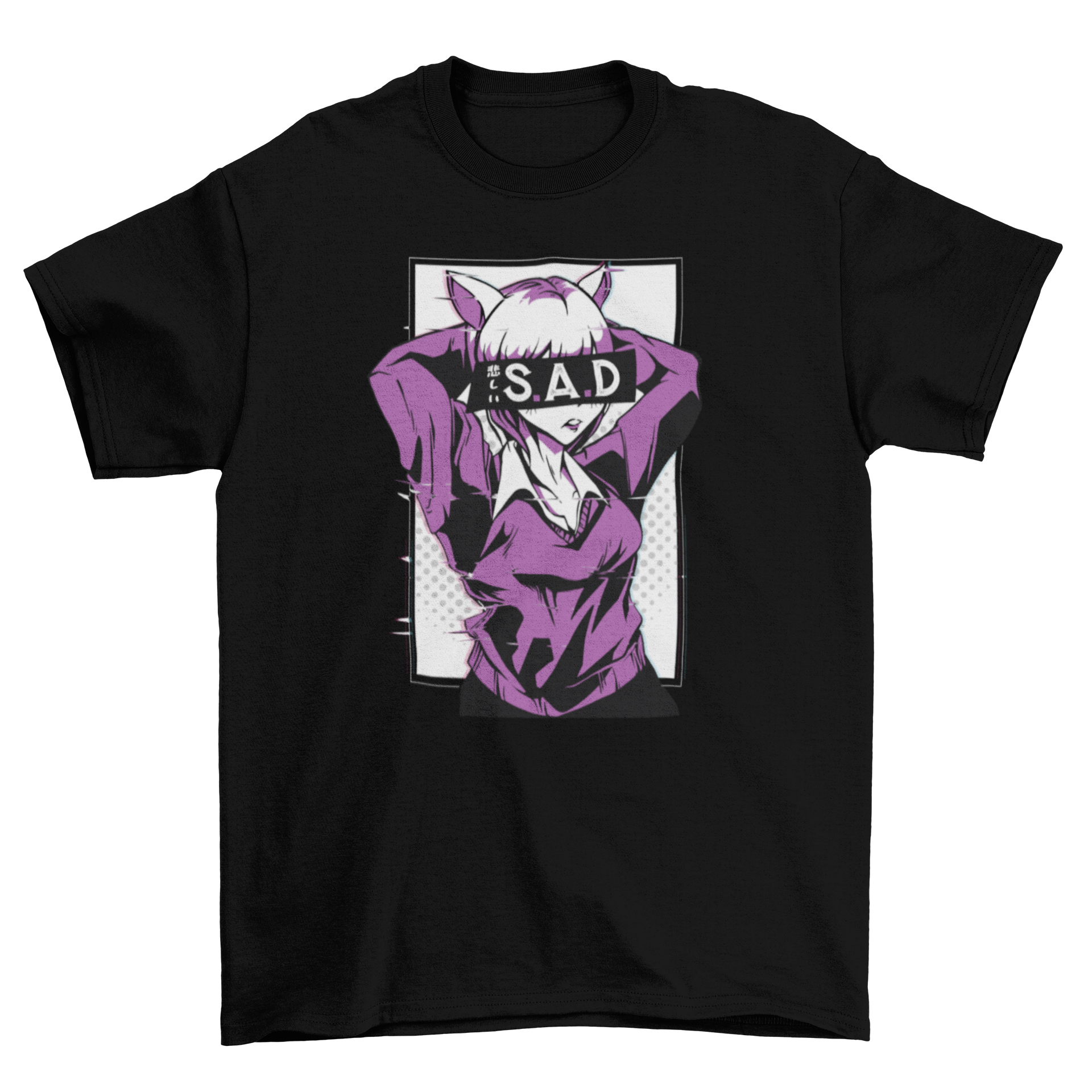 Anime Sad Girl T-shirt featuring an illustration of a girl with the caption 'Sad' covering her eyes, designed for anime enthusiasts.