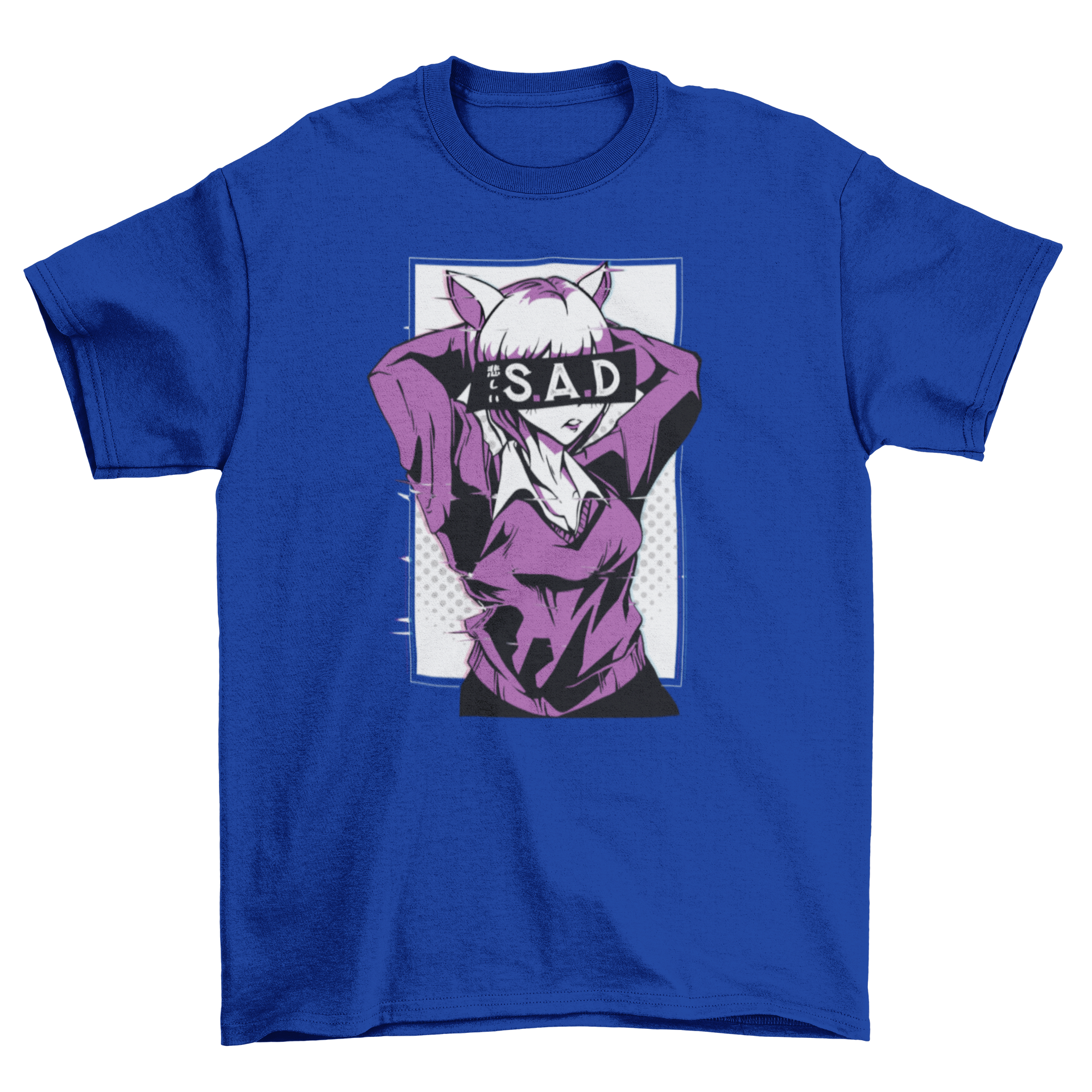 Anime Sad Girl T-shirt featuring an illustration of a girl with the caption 'Sad' covering her eyes, designed for anime enthusiasts.