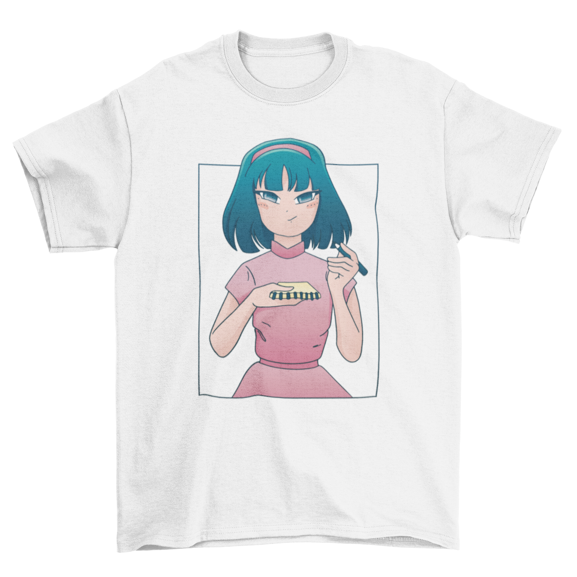 Anime sketch girl t-shirt featuring a girl with a notebook and pencil, showcasing a creative design.