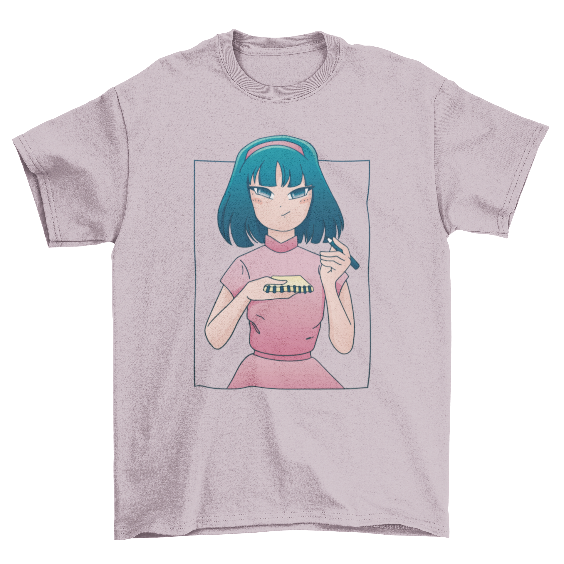 Anime sketch girl t-shirt featuring a girl with a notebook and pencil, showcasing a creative design.