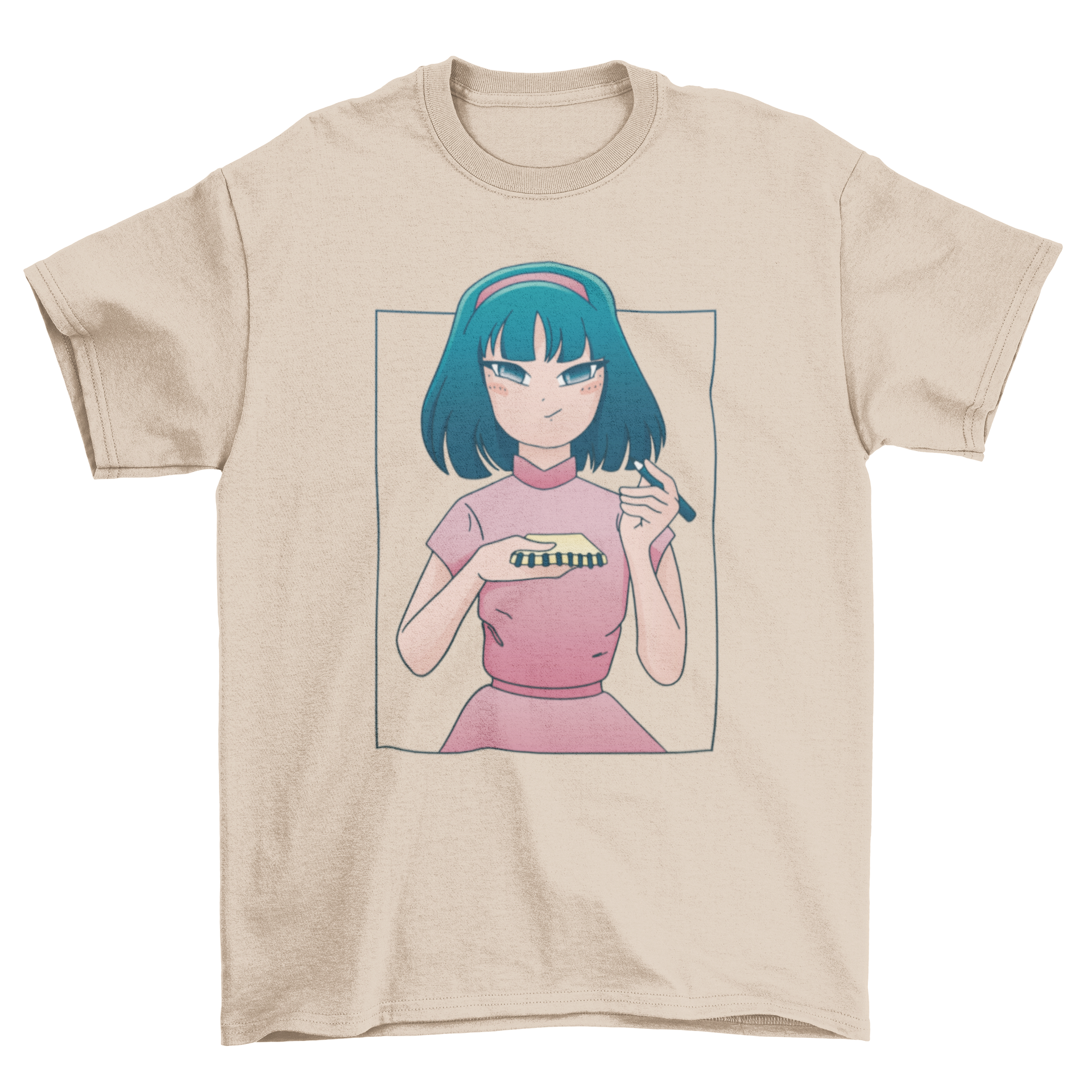 Anime sketch girl t-shirt featuring a girl with a notebook and pencil, showcasing a creative design.