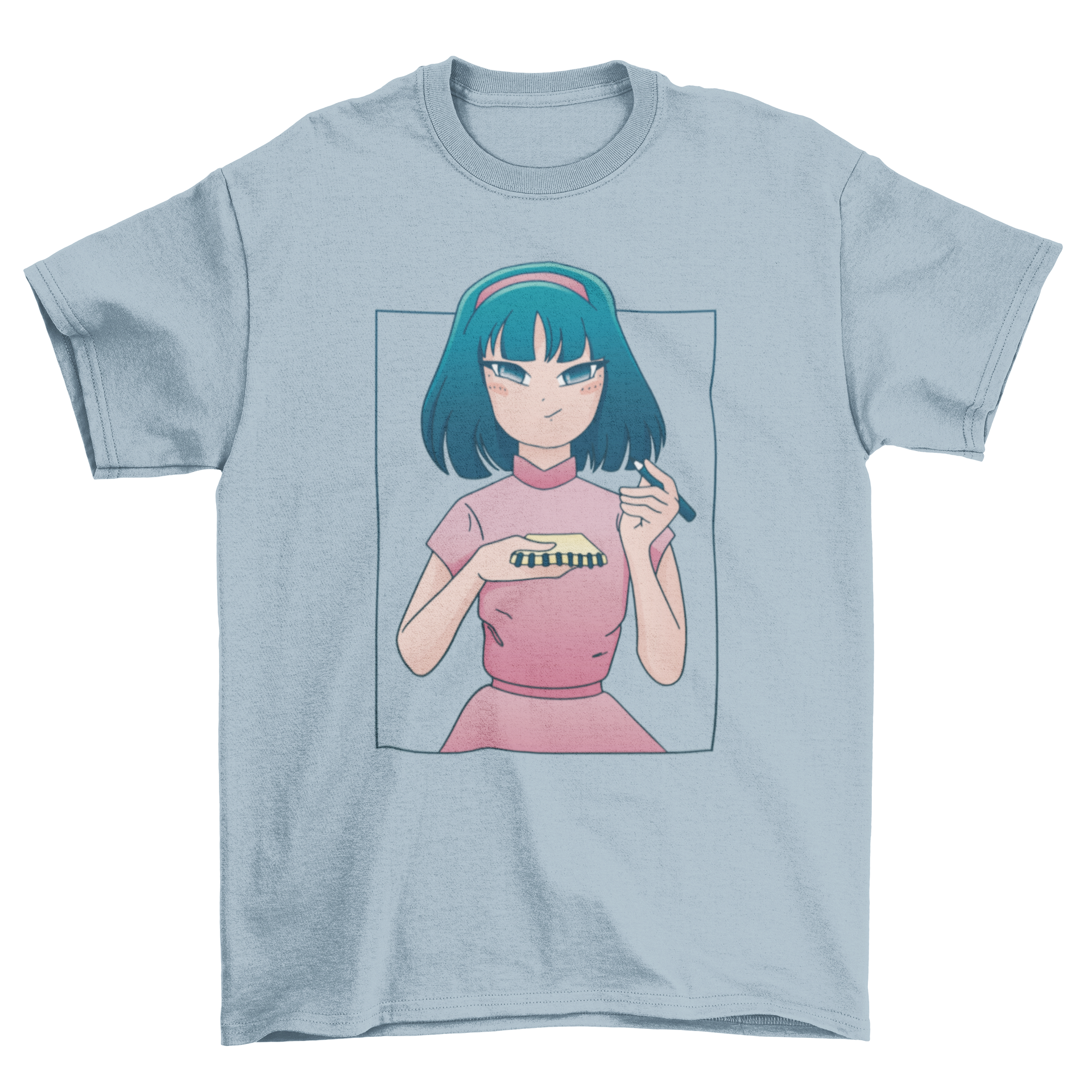 Anime sketch girl t-shirt featuring a girl with a notebook and pencil, showcasing a creative design.