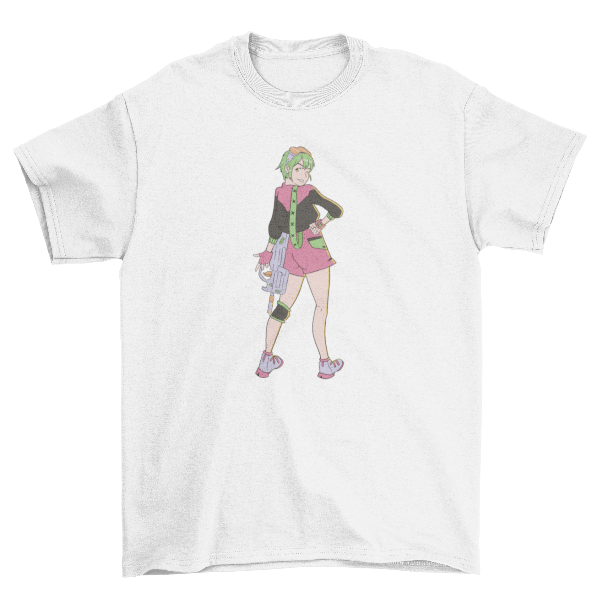 Anime Space Girl T-Shirt featuring a vibrant design of an anime girl with a weapon in a cosmic background.