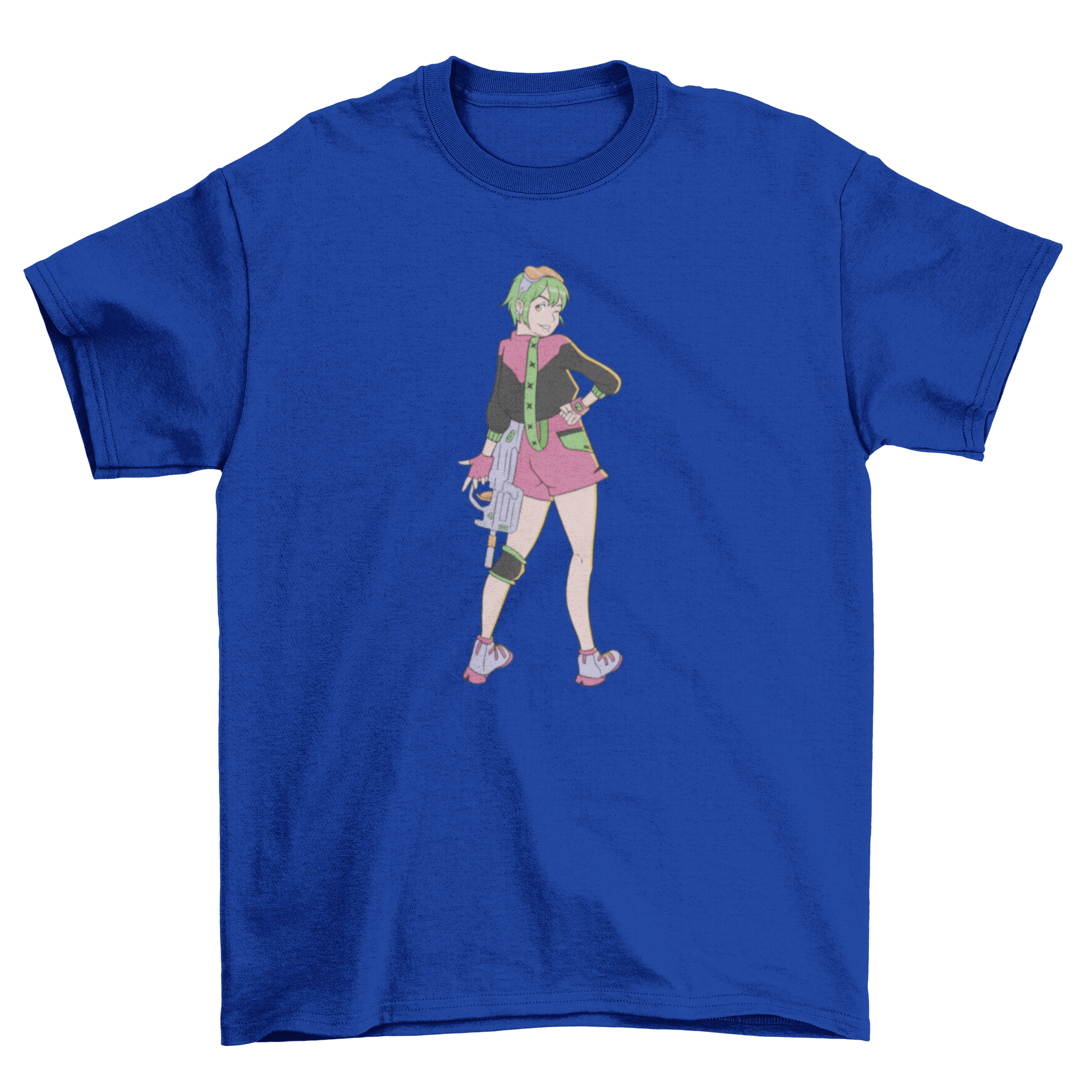 Anime Space Girl T-Shirt featuring a vibrant design of an anime girl with a weapon in a cosmic background.