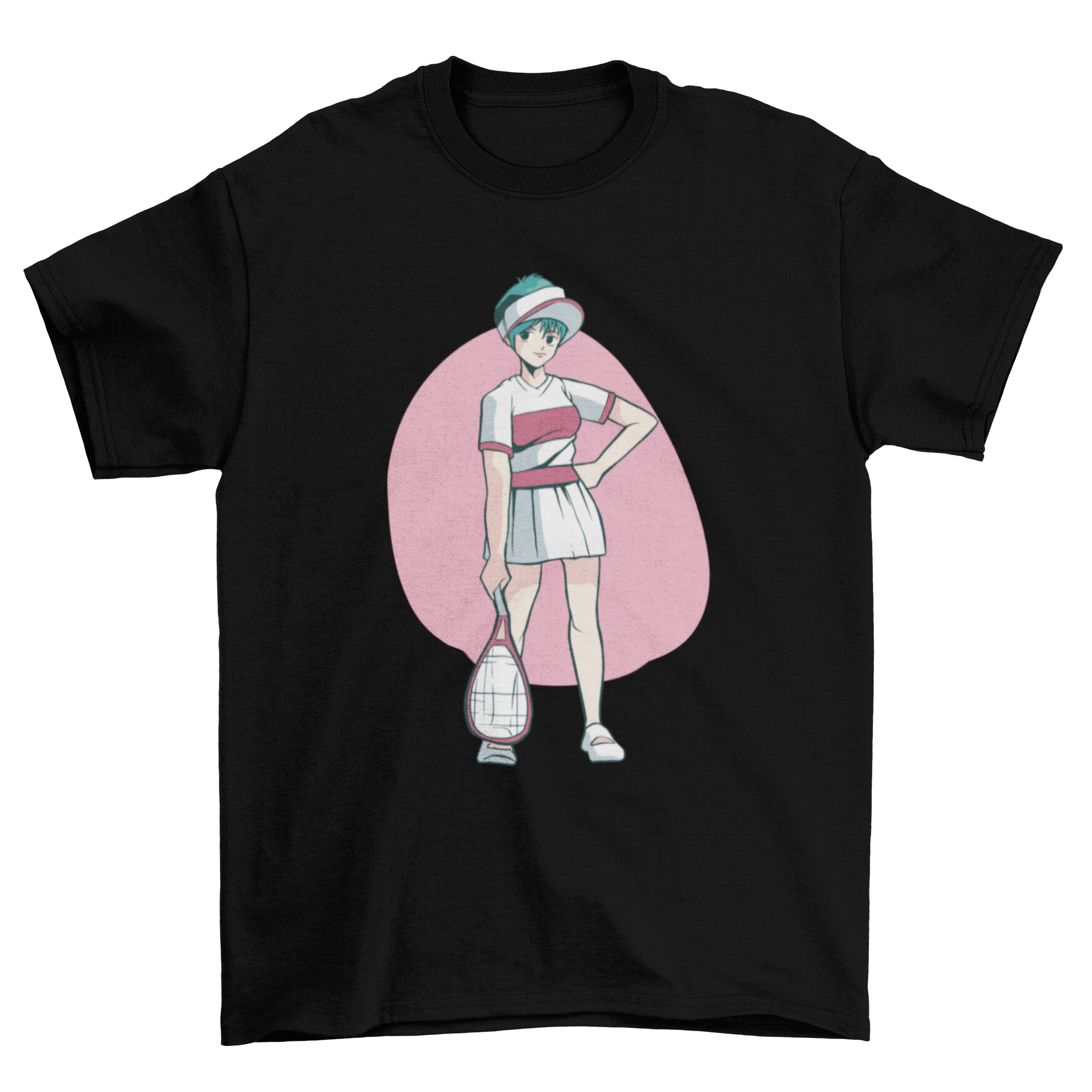 Anime tennis girl character t-shirt featuring a vibrant 80s style design of a female tennis player.