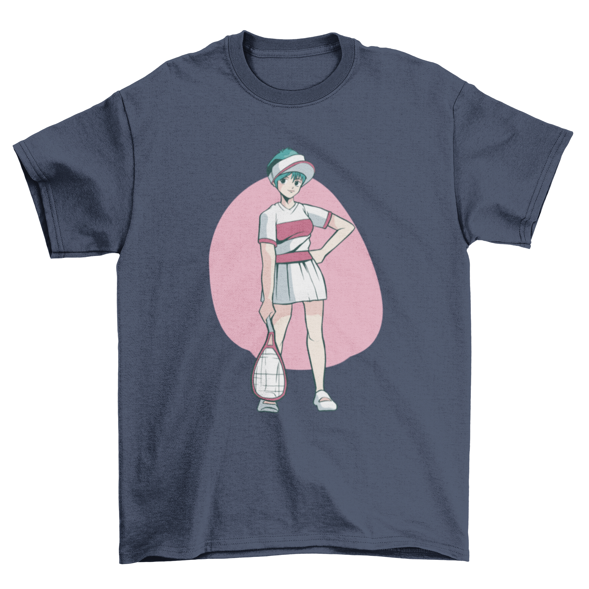 Anime tennis girl character t-shirt featuring a vibrant 80s style design of a female tennis player.