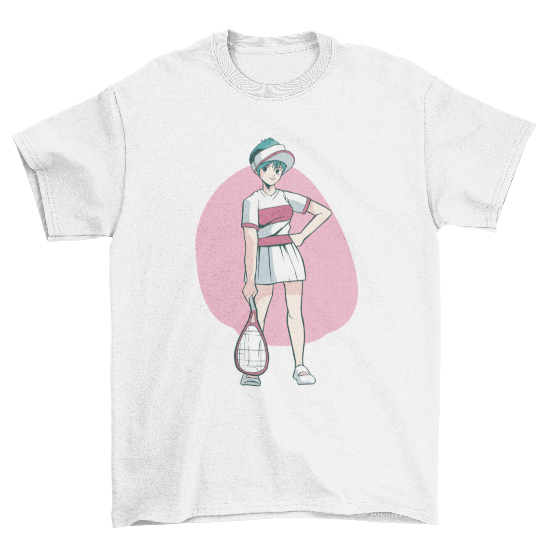 Anime tennis girl character t-shirt featuring a vibrant 80s style design of a female tennis player.