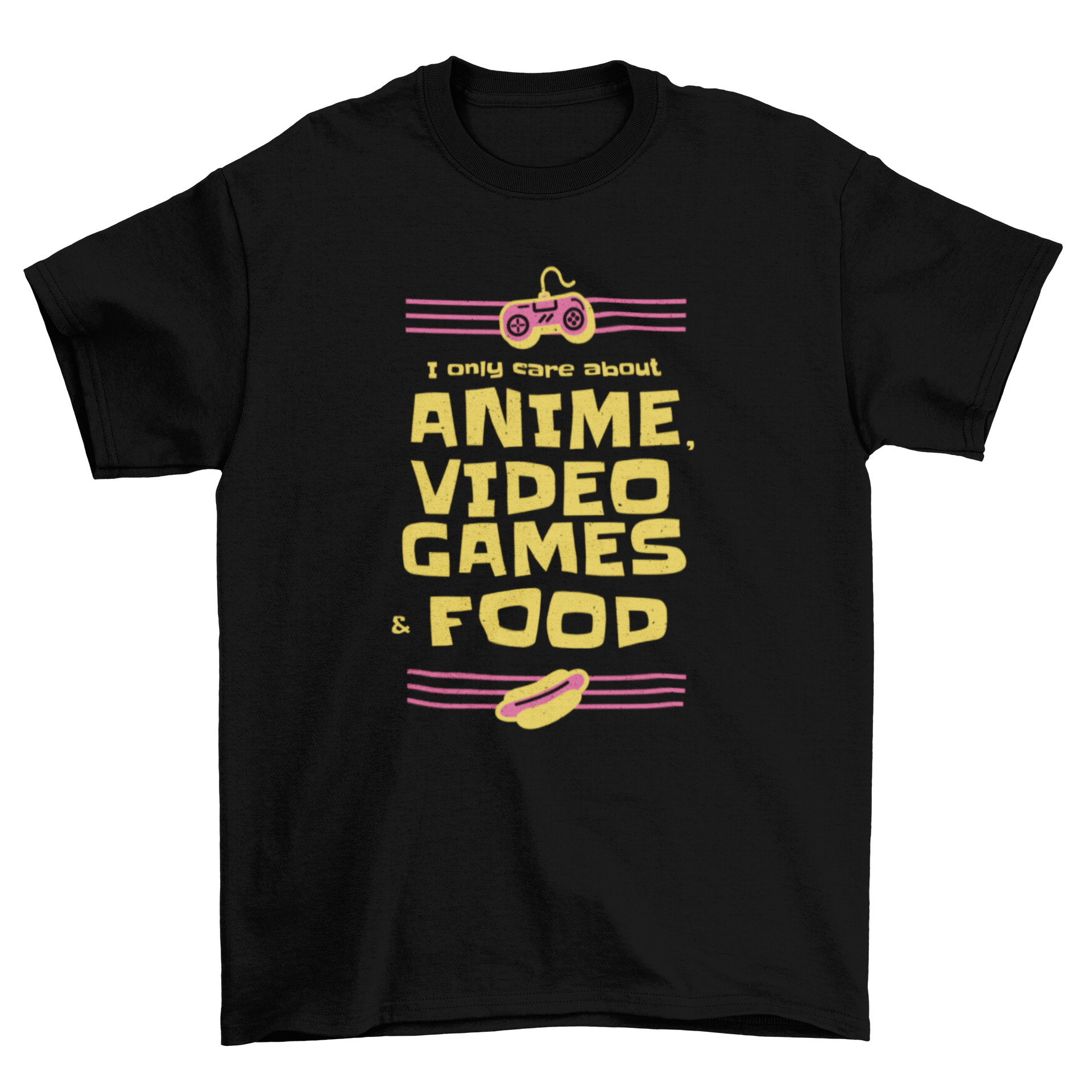 A humorous t-shirt featuring the quote 'I only care about anime video games & food' in bold letters, perfect for anime and gaming fans.